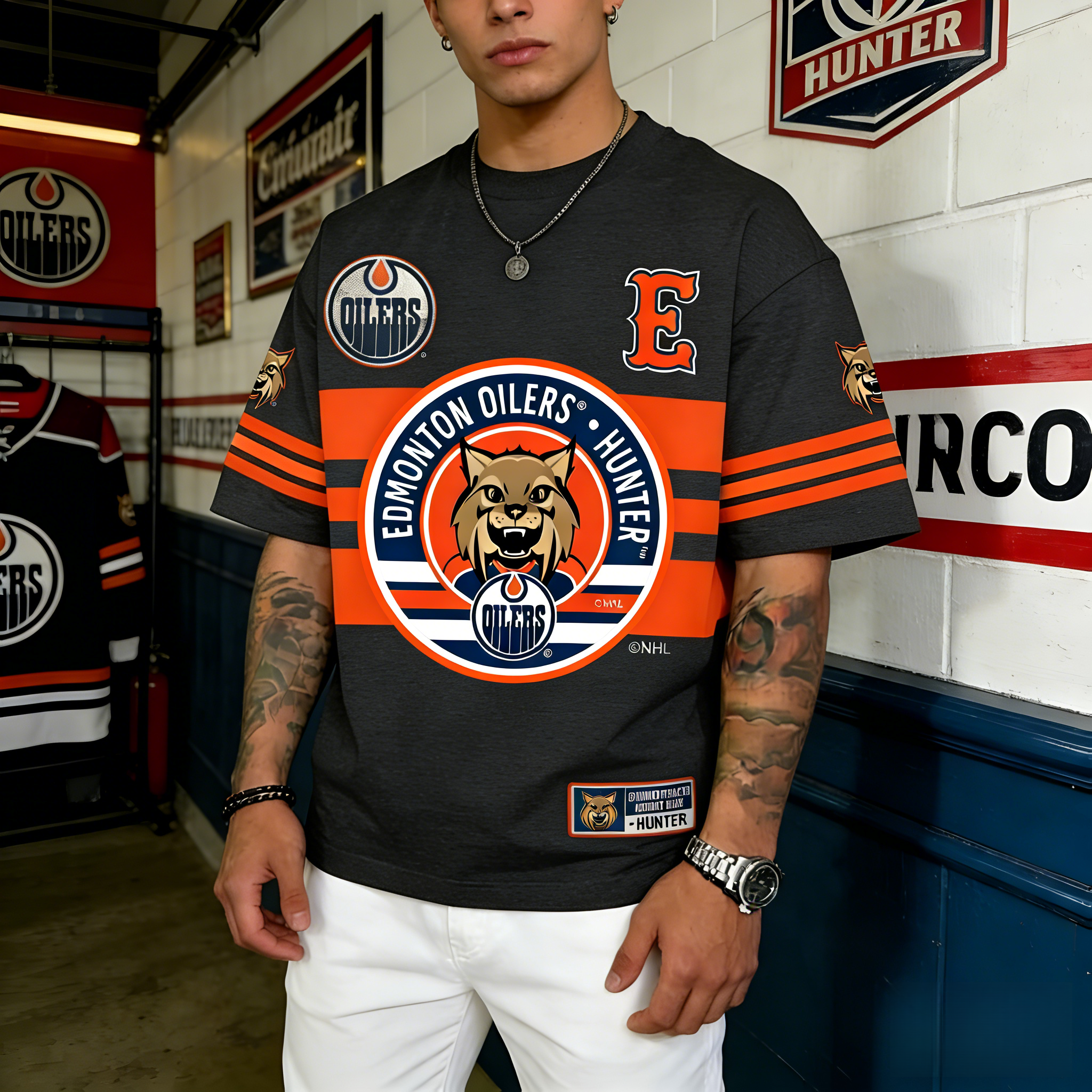 T-shirts featuring the NHL team "Edmonton Oilers" and their mascot "Hunter"