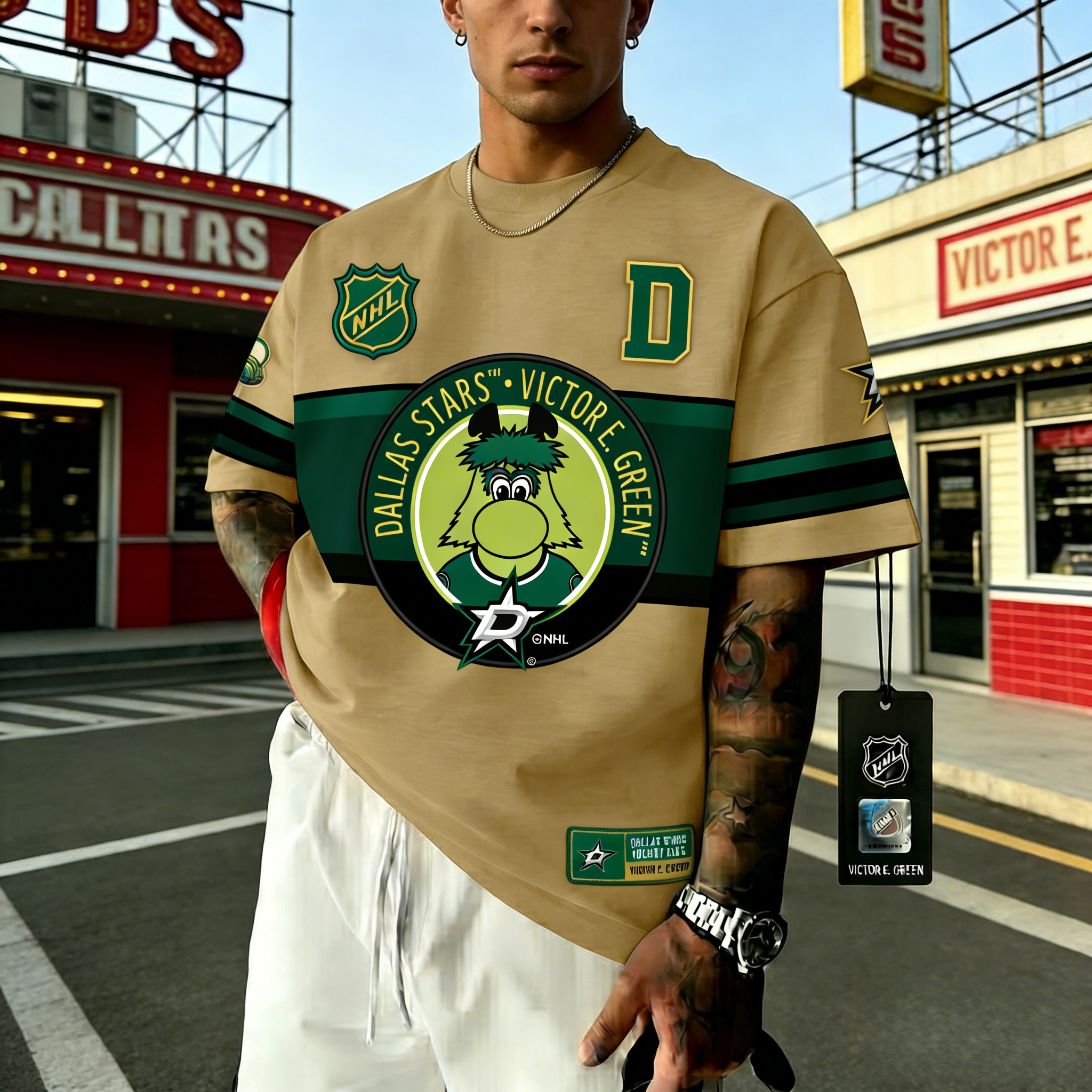 T-shirts featuring the NHL team "Dallas Stars" and their mascot "Victory"