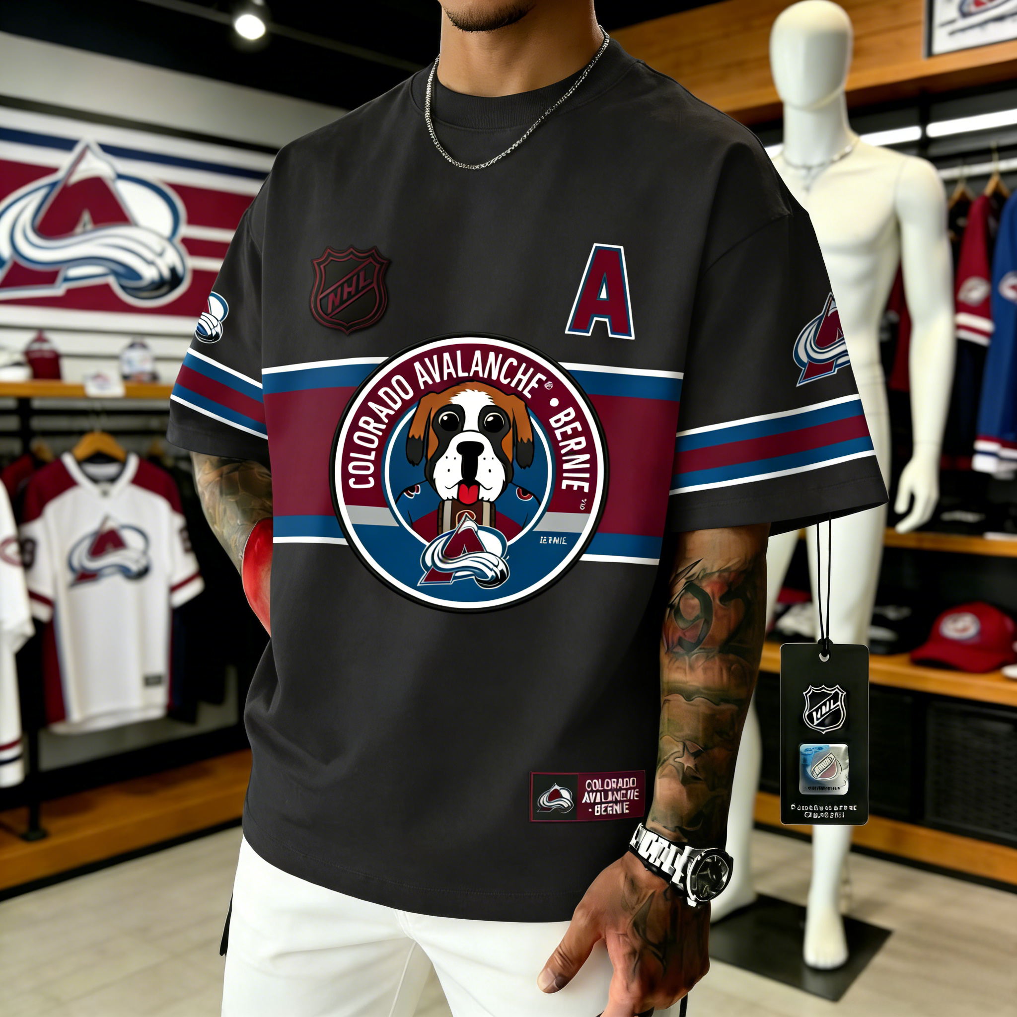 T-shirts featuring the NHL team "Colorado Avalanche" and its mascot "Bernie"