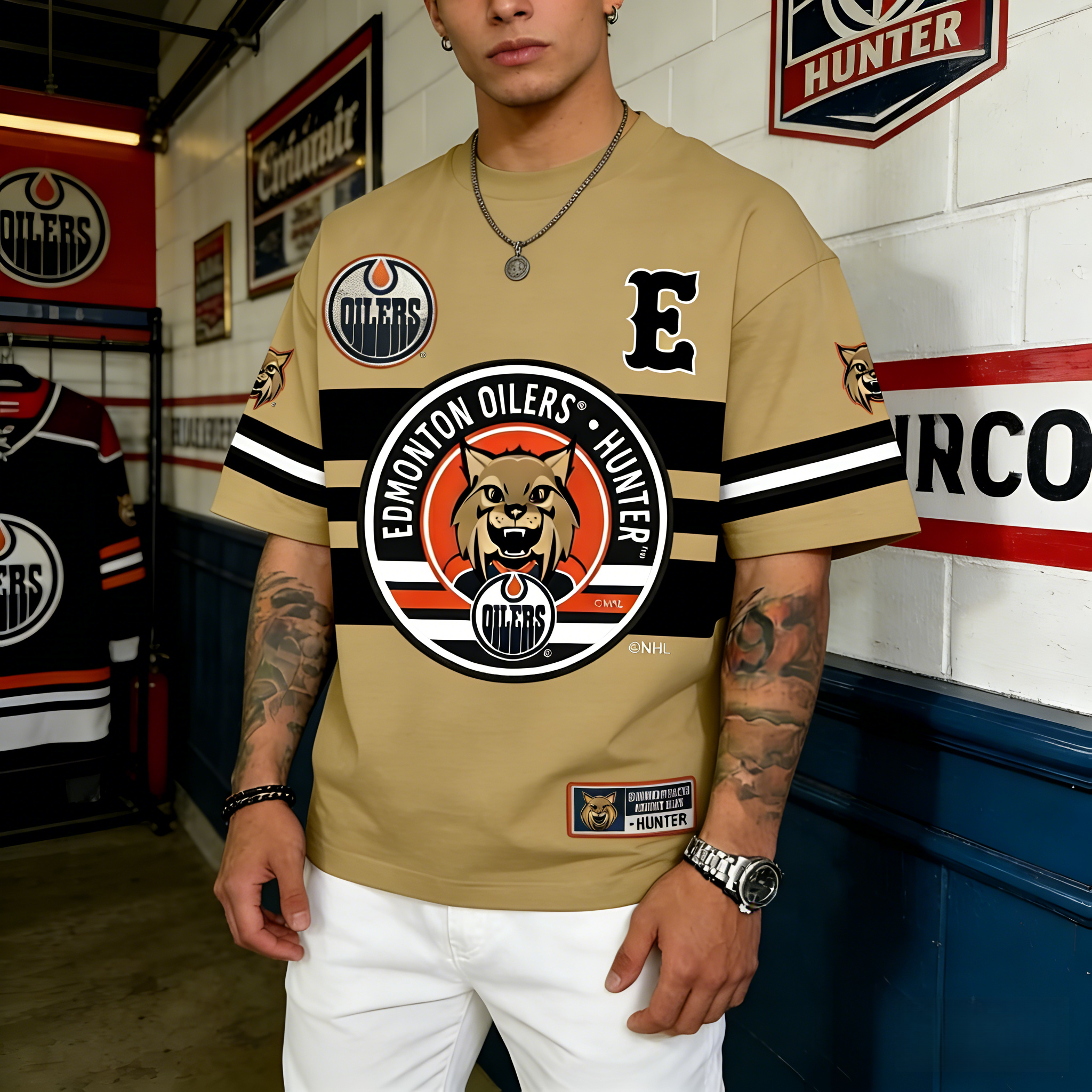 T-shirts featuring the NHL team "Edmonton Oilers" and their mascot "Hunter"