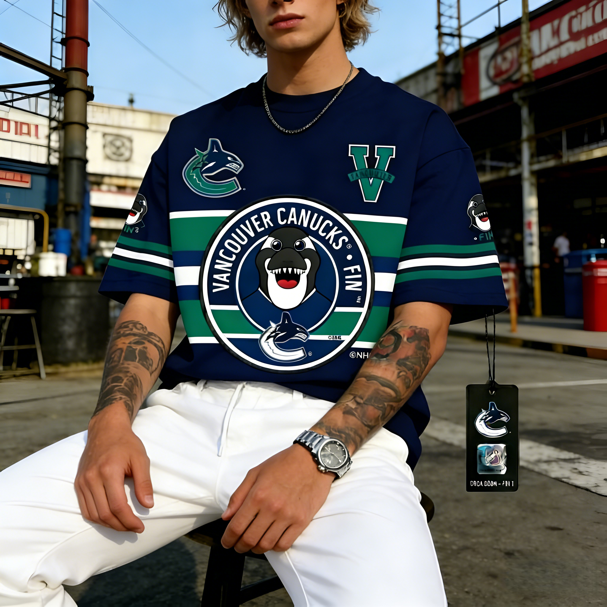 T-shirts featuring the NHL team "Vancouver Canucks" and their mascot "Fin the Whale"