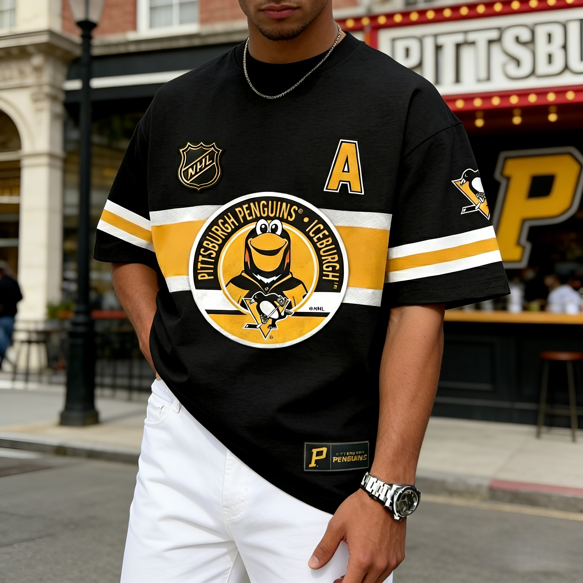 T-shirts featuring the NHL team "Pittsburgh Penguins" and their mascot "Iceburgh"