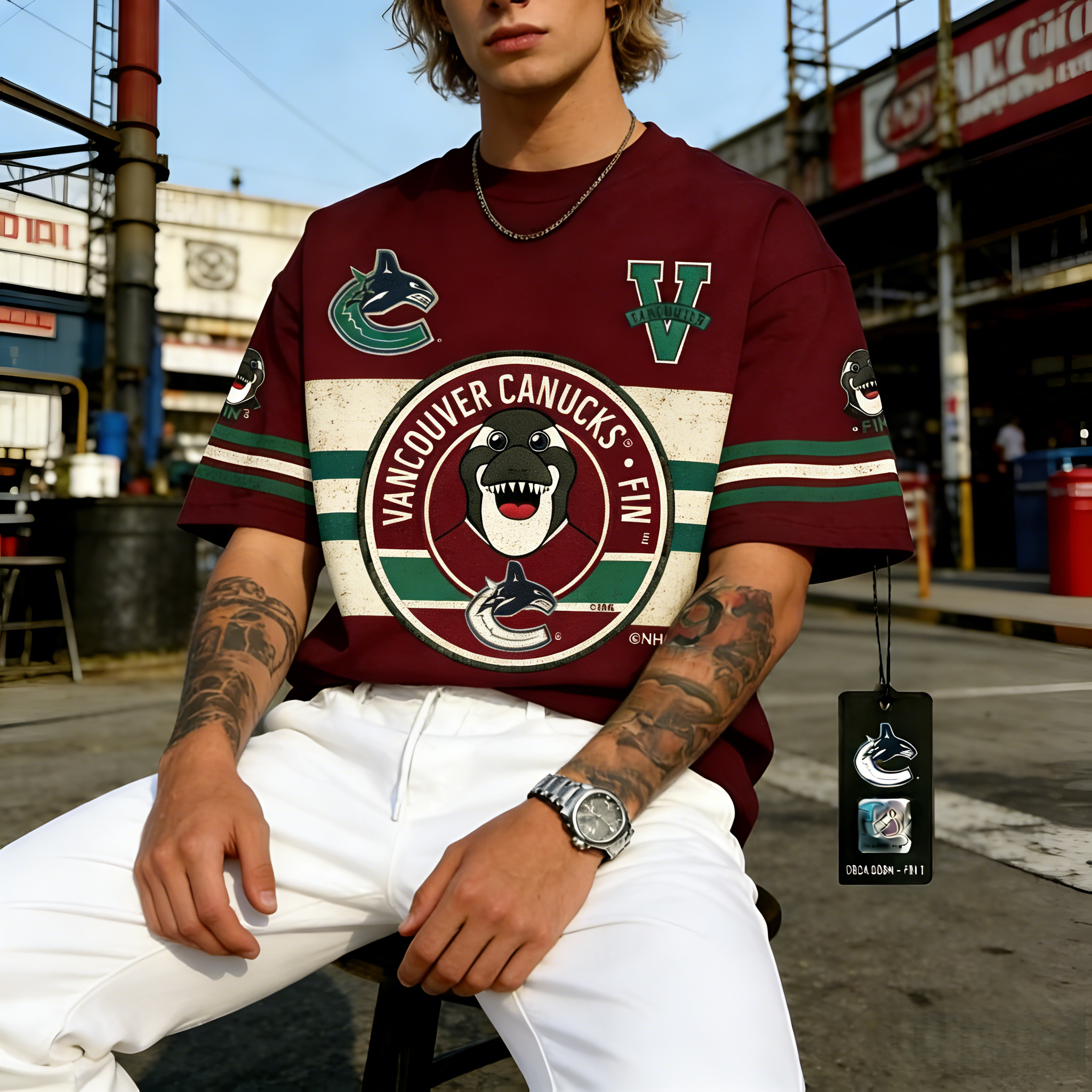 T-shirts featuring the NHL team "Vancouver Canucks" and their mascot "Fin the Whale"