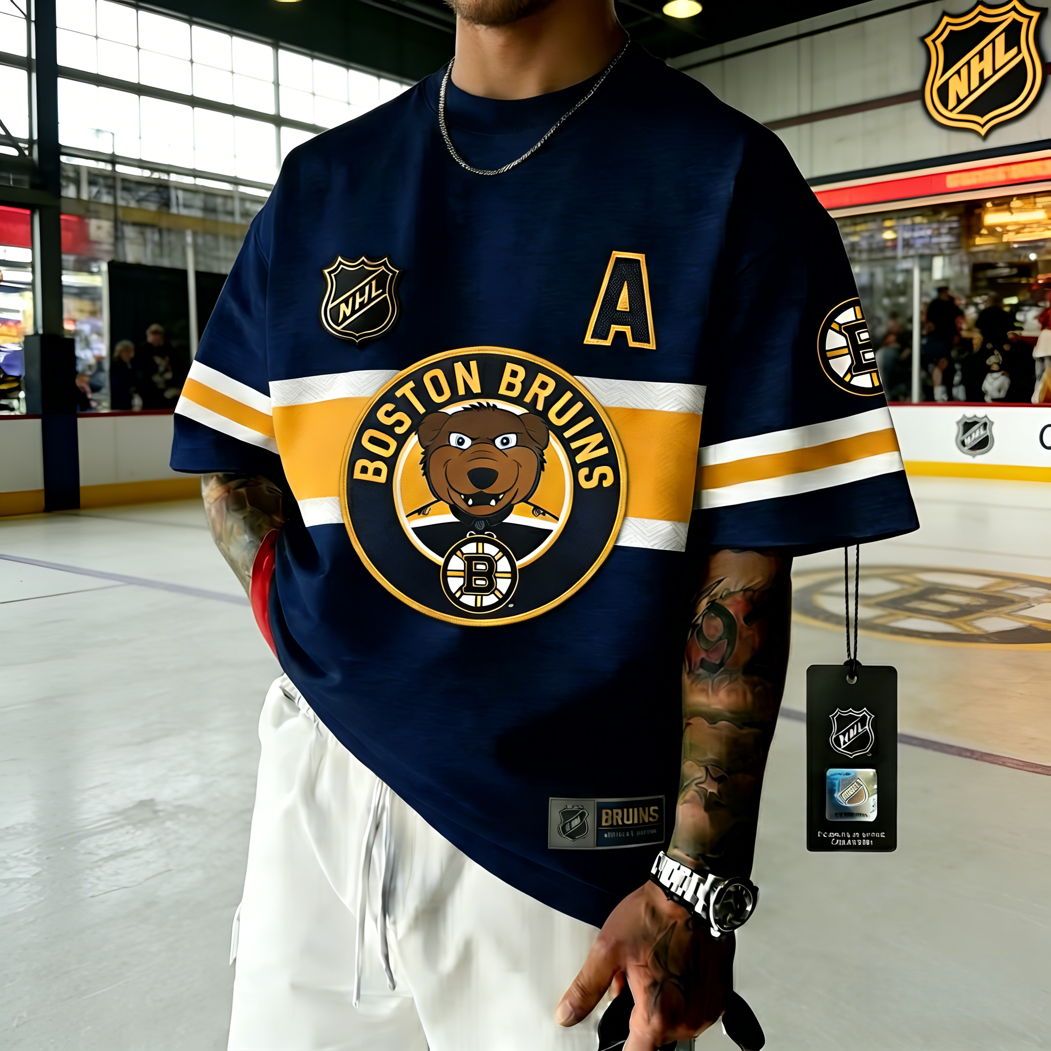 T-shirts featuring the NHL team "Boston Bruins" and their mascot "Blades the Bruin"