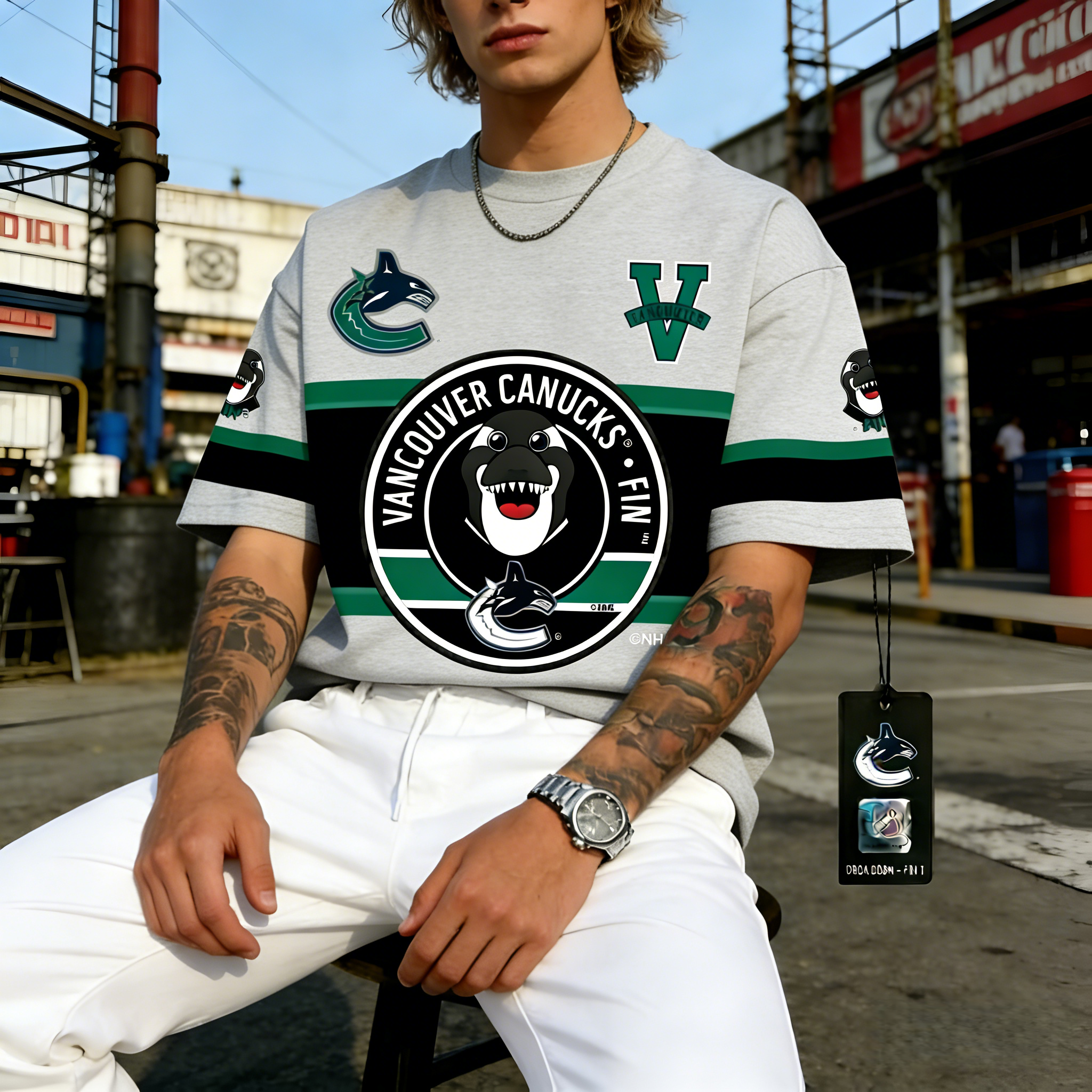 T-shirts featuring the NHL team "Vancouver Canucks" and their mascot "Fin the Whale"