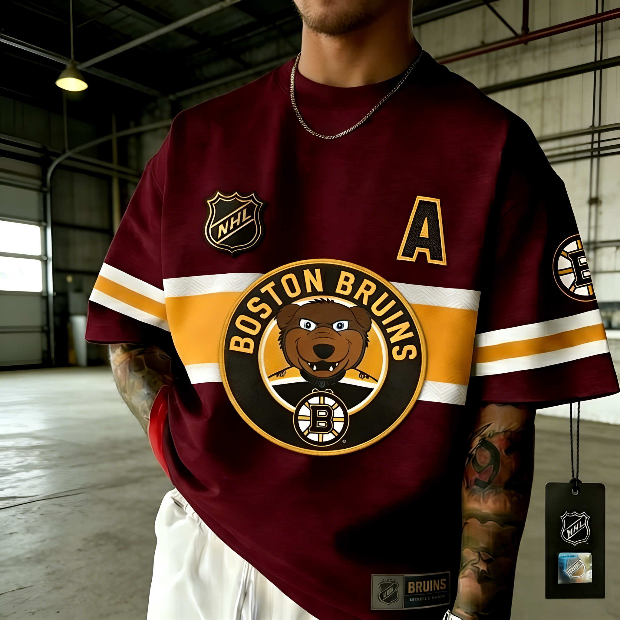 T-shirts featuring the NHL team "Boston Bruins" and their mascot "Blades the Bruin"