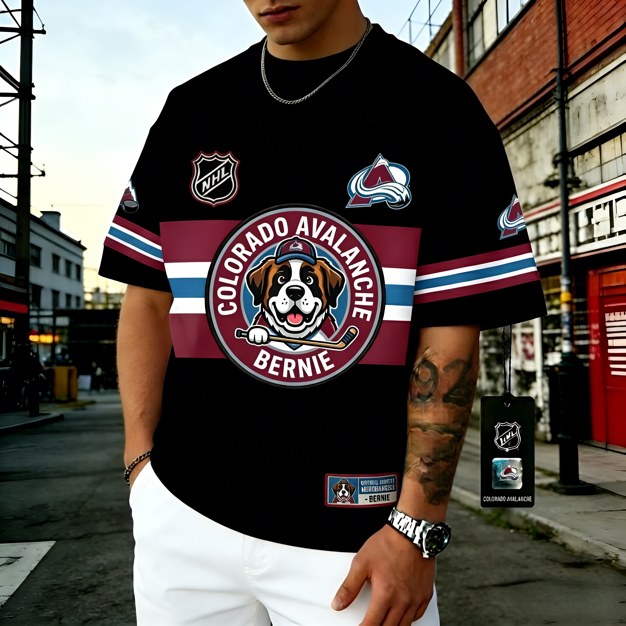 T-shirts featuring the NHL team "Colorado Avalanche" and its mascot "Bernie"