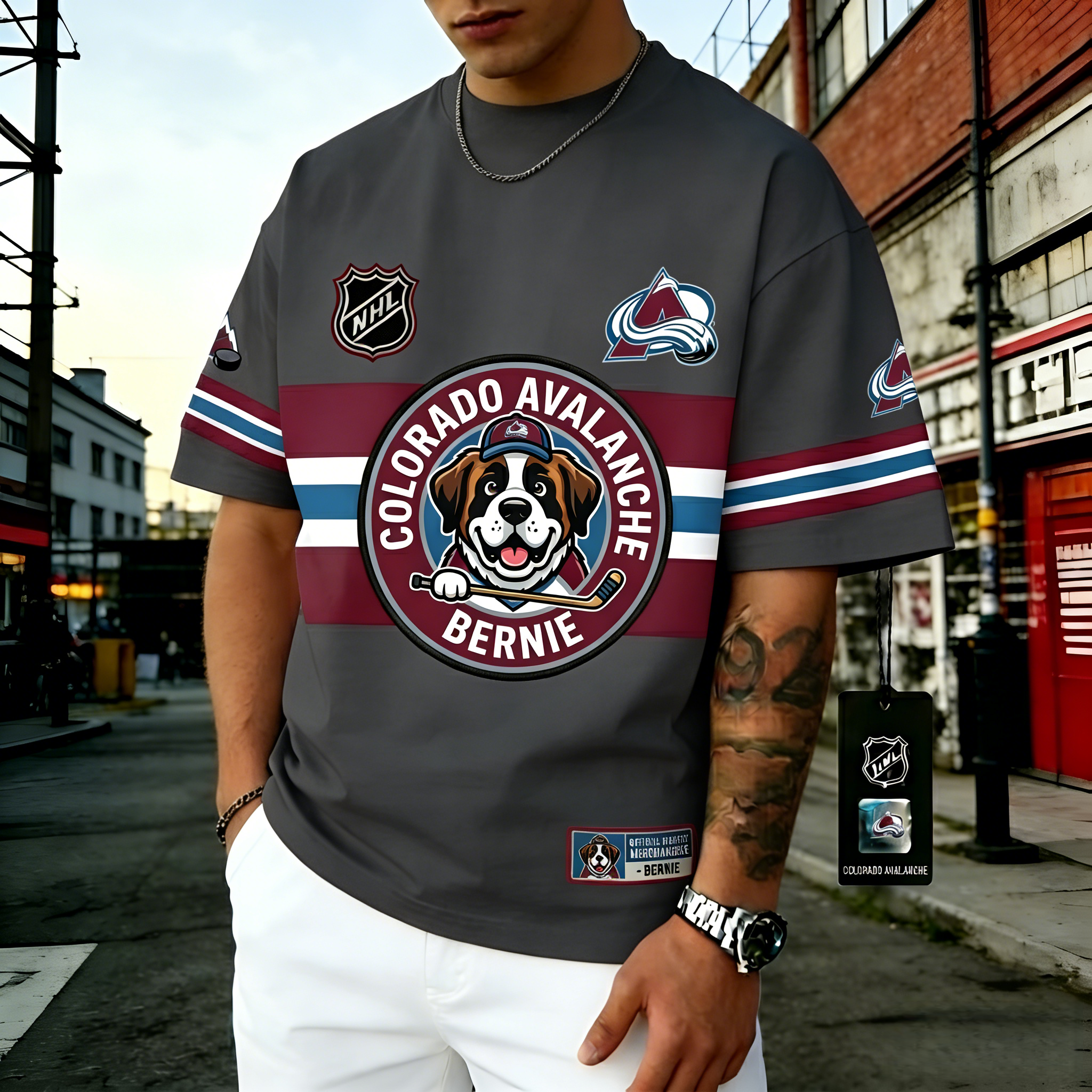 T-shirts featuring the NHL team "Colorado Avalanche" and its mascot "Bernie"