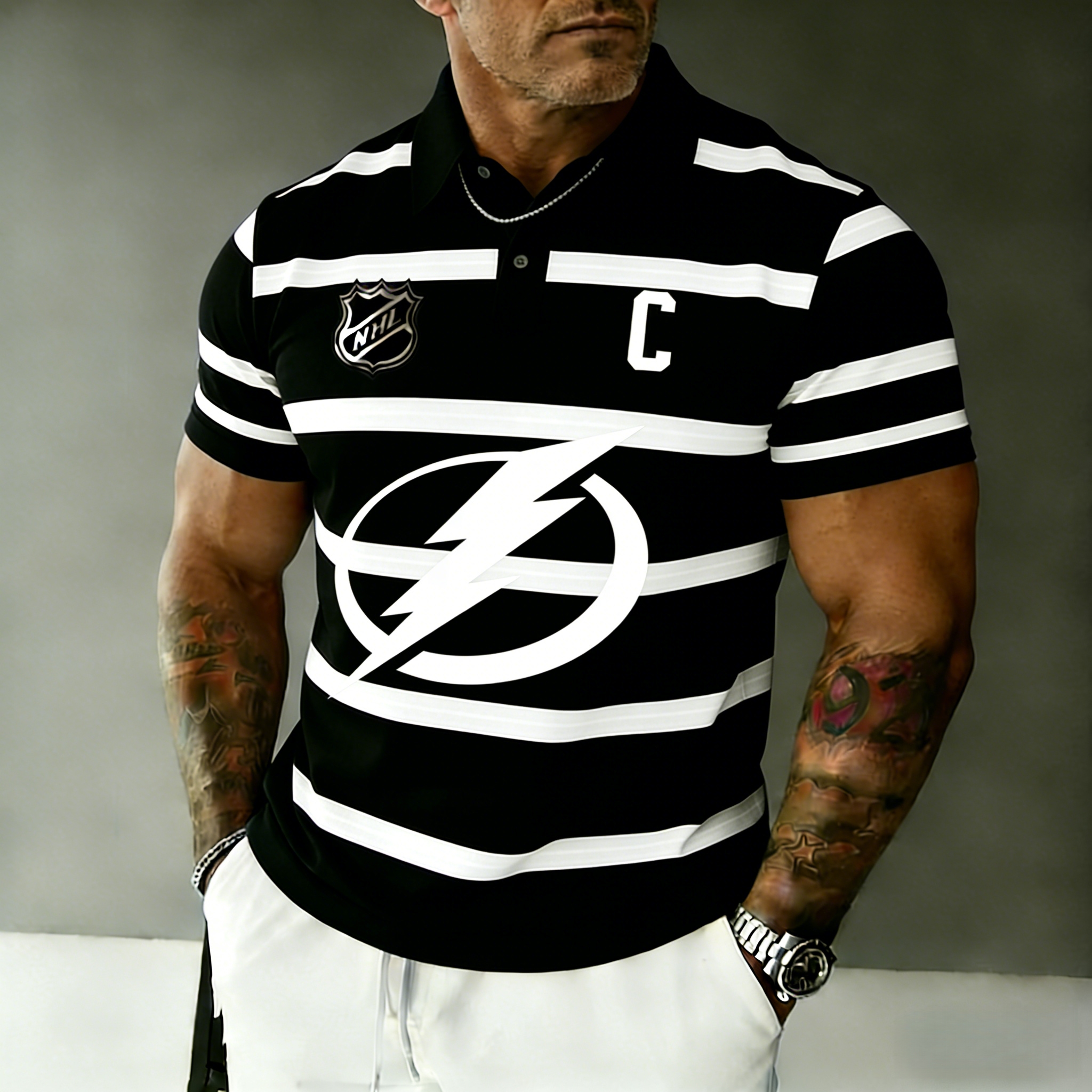 Tampa Bay Lightning captain's striped polo shirt