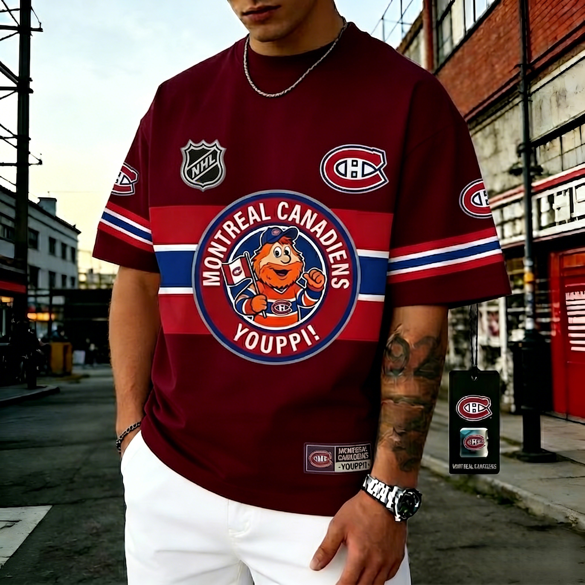 Generate T-shirts featuring the NHL team "Montreal Canadiens" and their mascot "Youppi!"