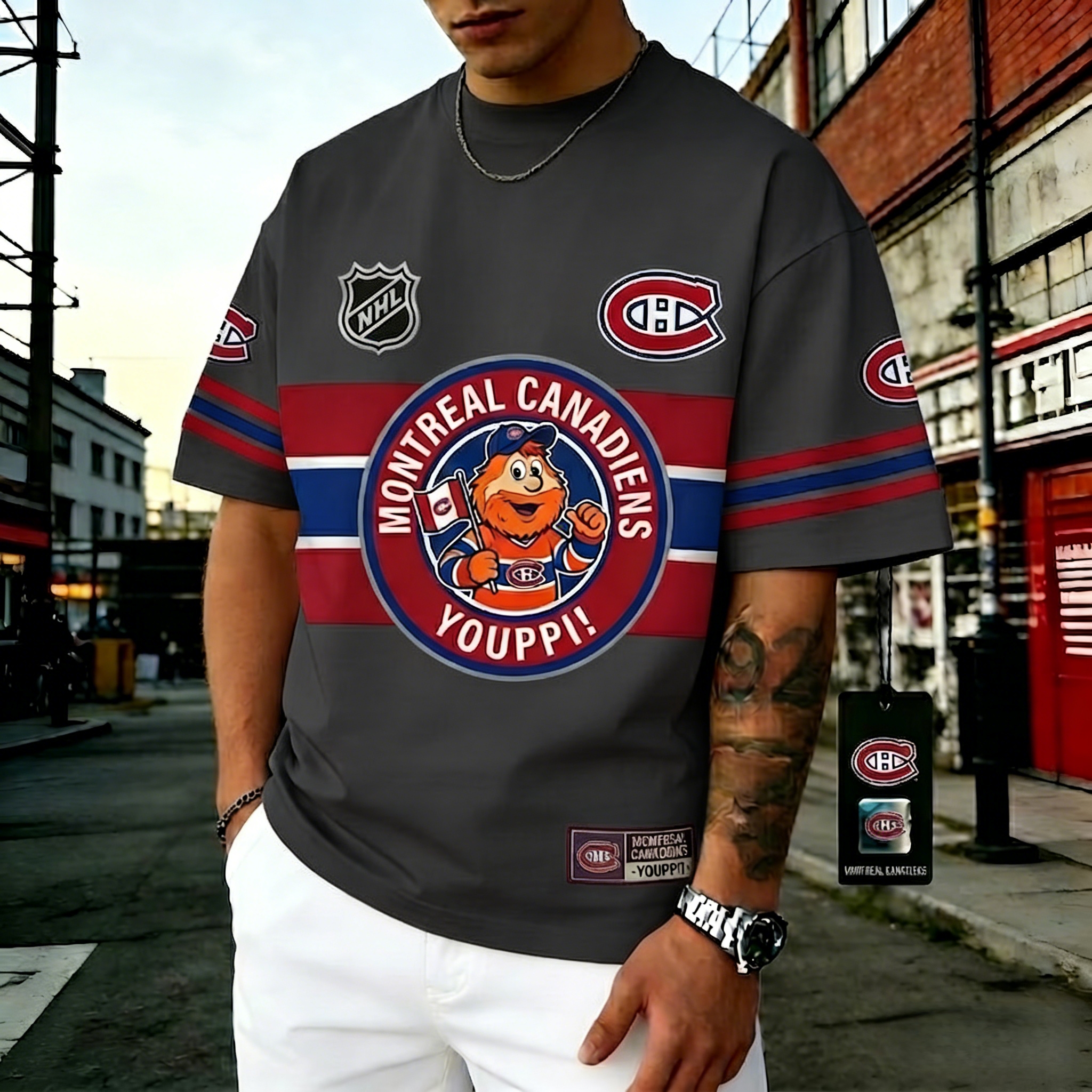 Generate T-shirts featuring the NHL team "Montreal Canadiens" and their mascot "Youppi!"
