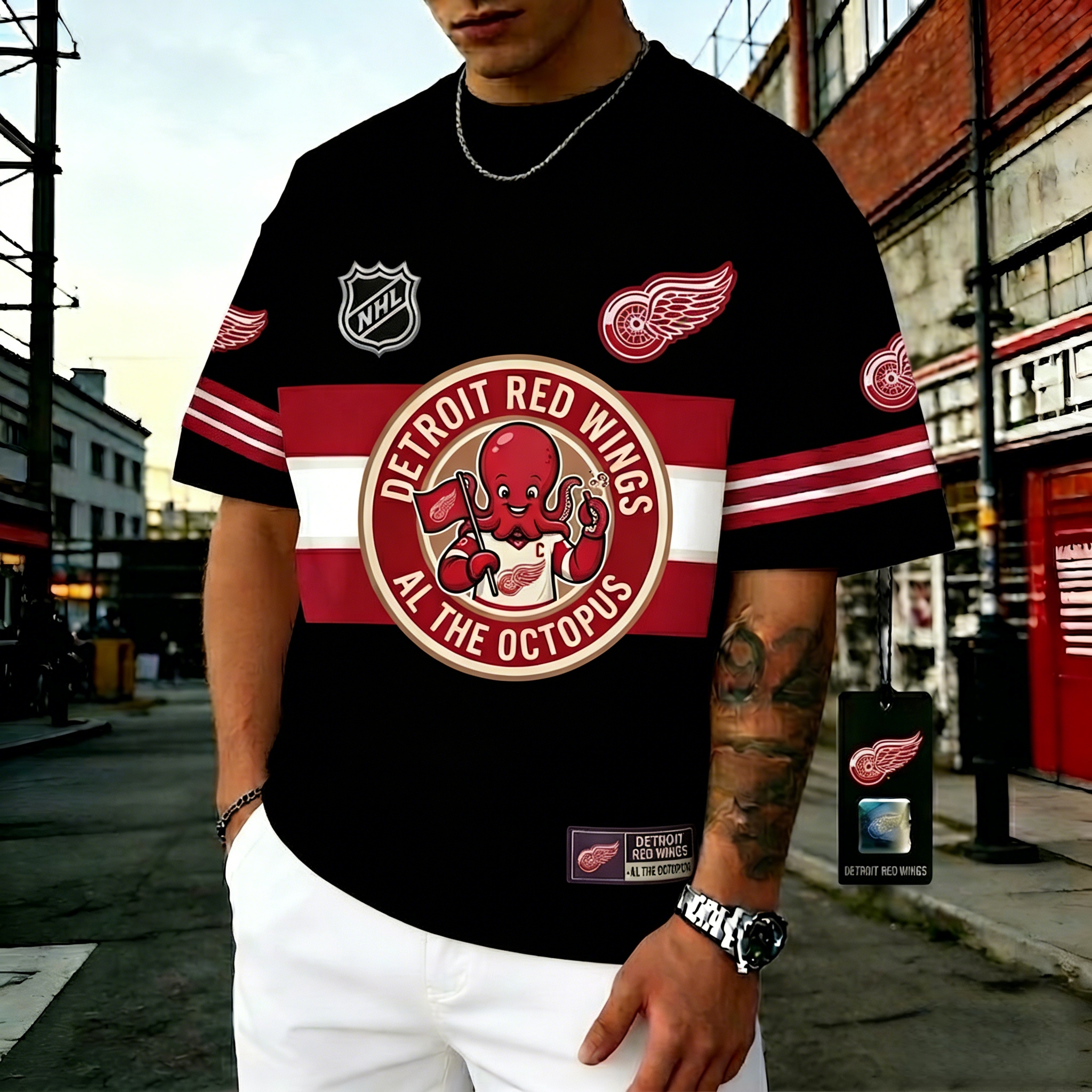 T-shirts featuring the NHL team "Detroit Red Wings" and their mascot "Al the Octopus"