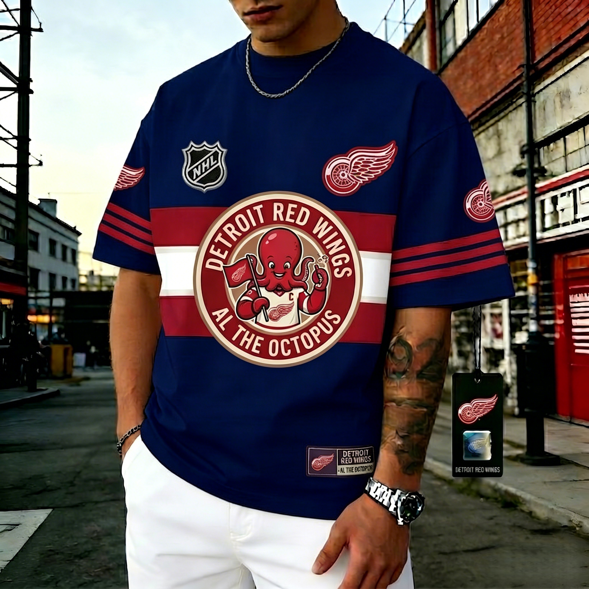 T-shirts featuring the NHL team "Detroit Red Wings" and their mascot "Al the Octopus"