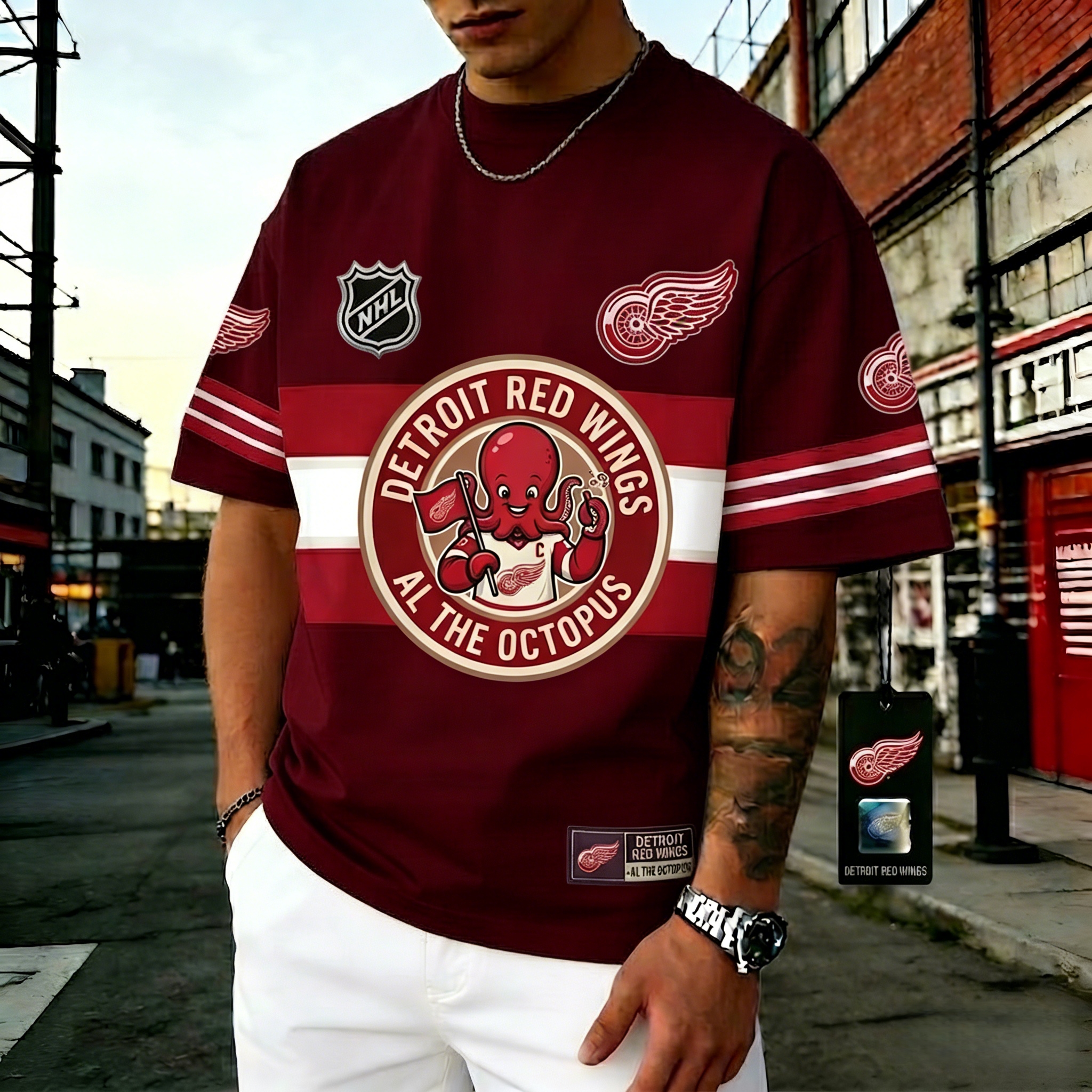 T-shirts featuring the NHL team "Detroit Red Wings" and their mascot "Al the Octopus"