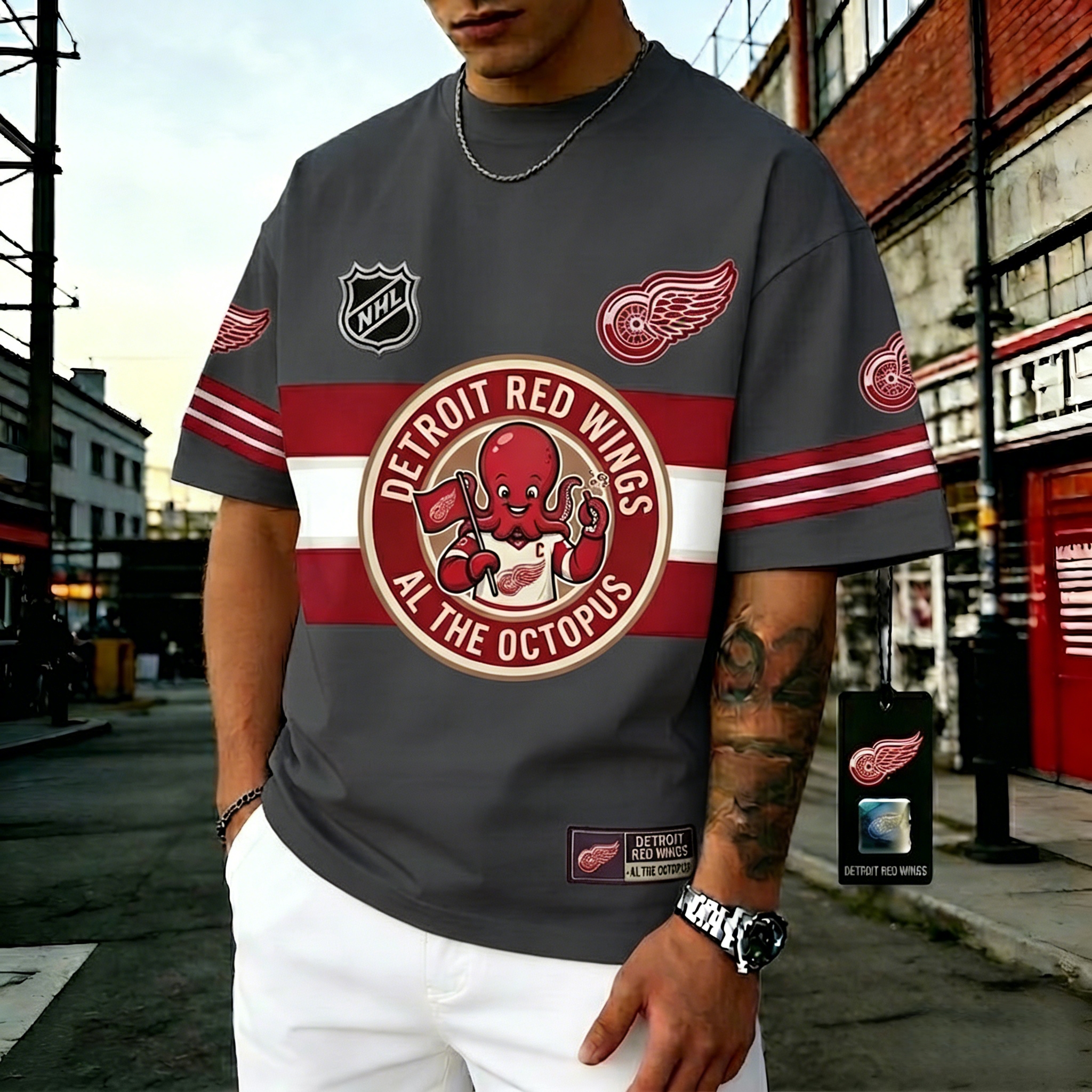 T-shirts featuring the NHL team "Detroit Red Wings" and their mascot "Al the Octopus"