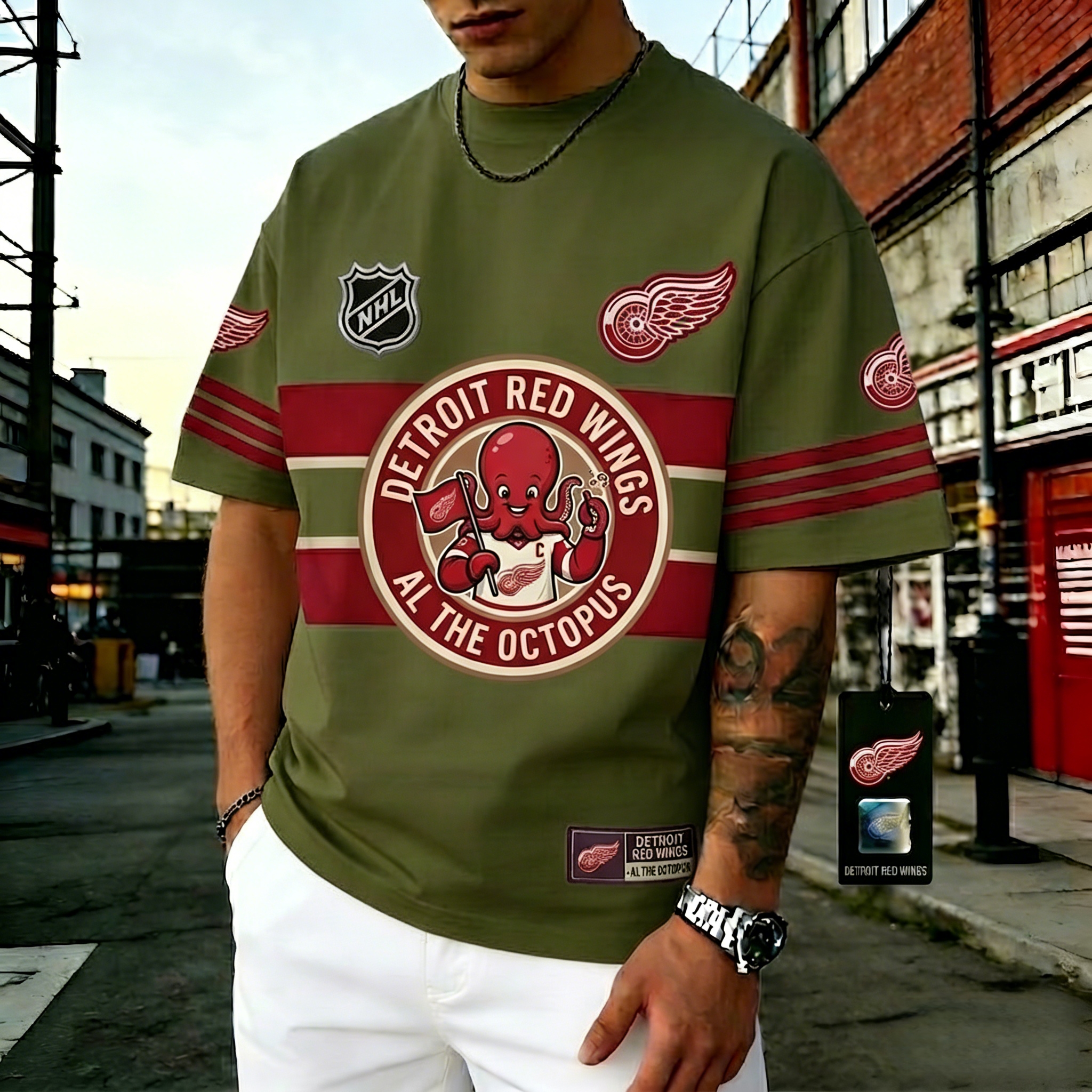 T-shirts featuring the NHL team "Detroit Red Wings" and their mascot "Al the Octopus"