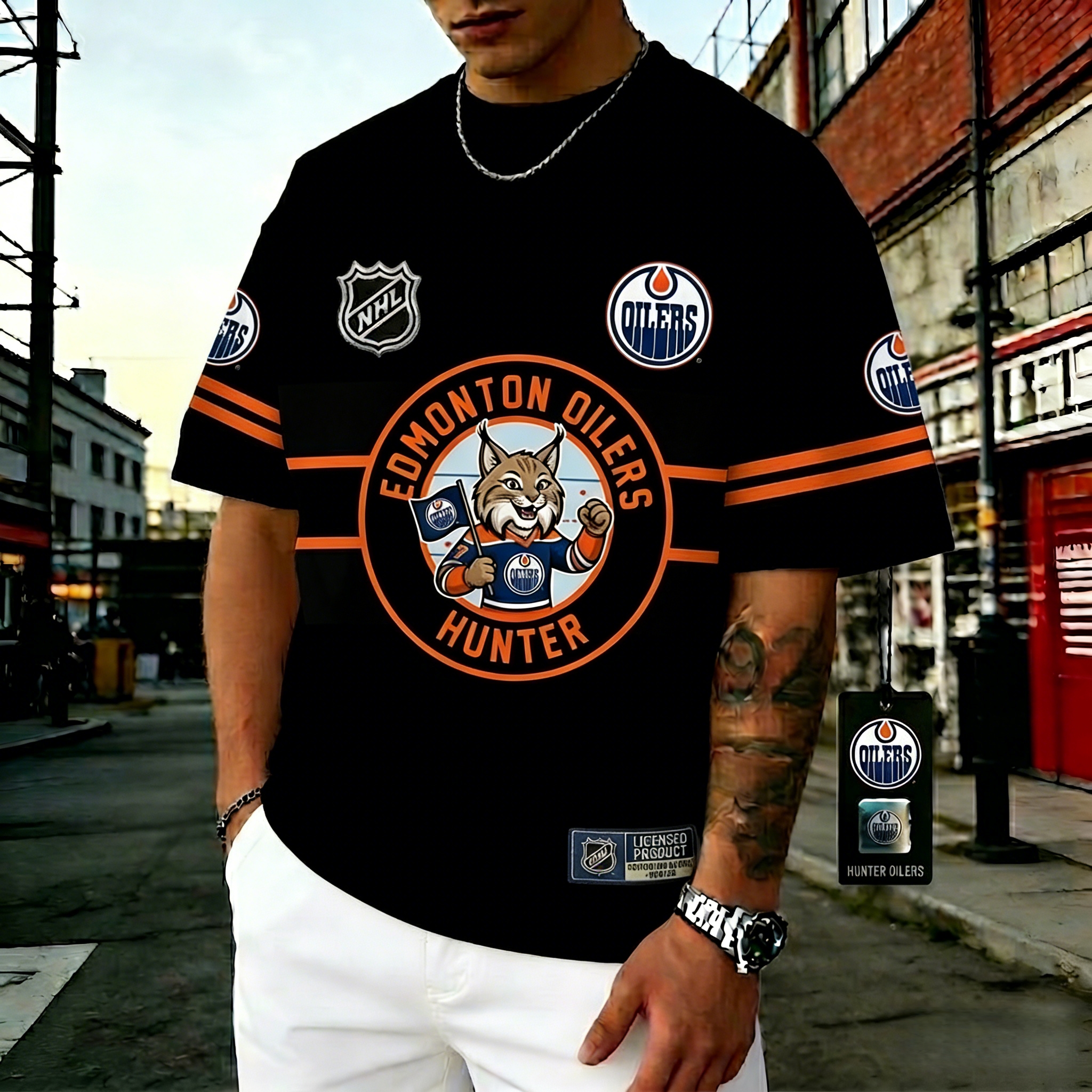 T-shirts featuring the NHL team "Edmonton Oilers" and their mascot"Hunter"