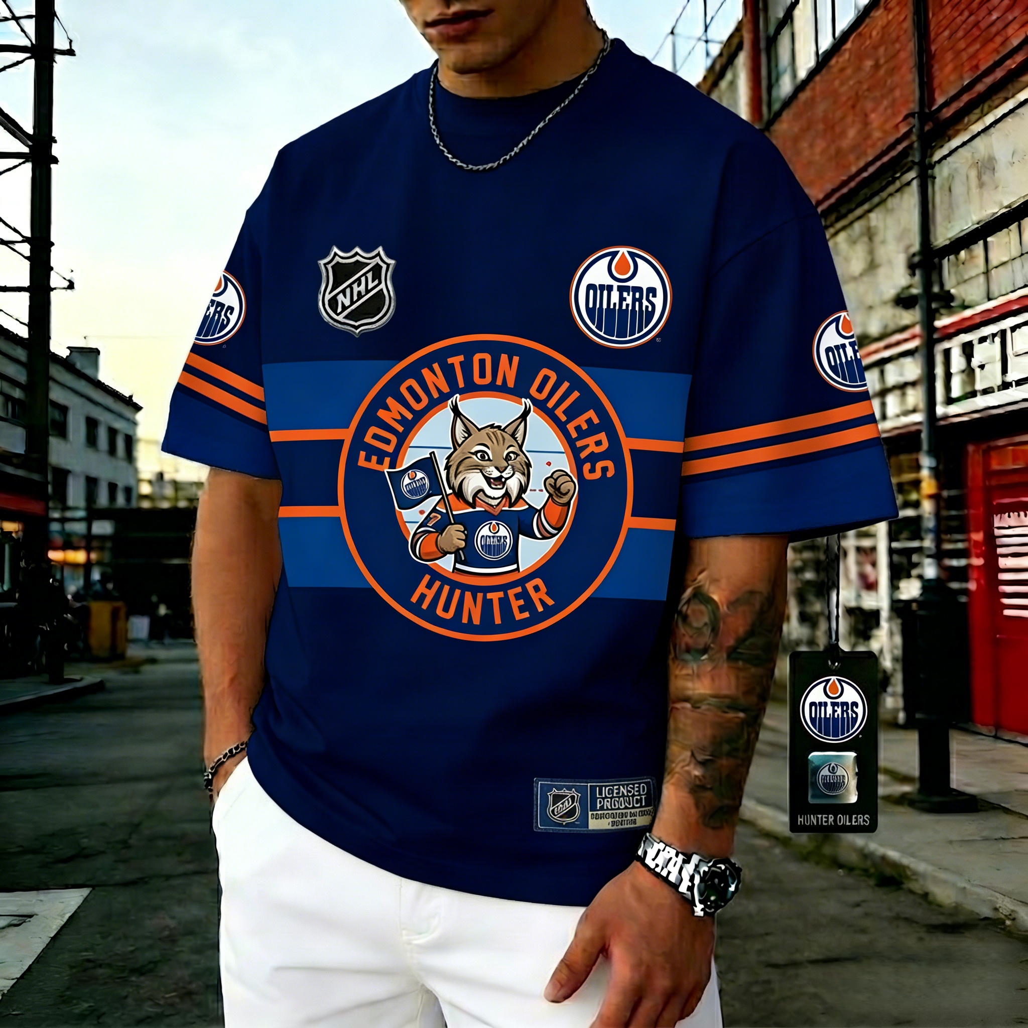 T-shirts featuring the NHL team "Edmonton Oilers" and their mascot"Hunter"