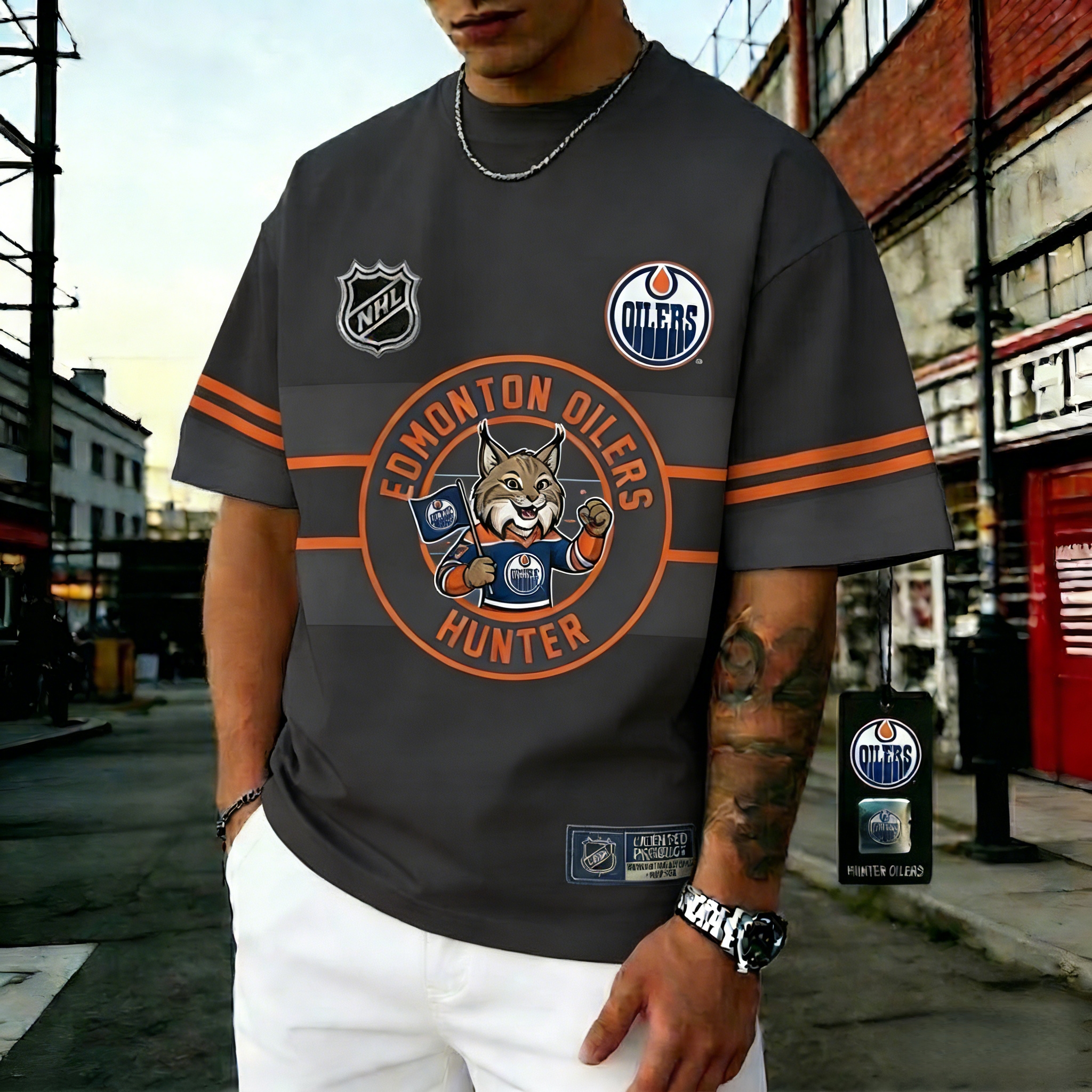 T-shirts featuring the NHL team "Edmonton Oilers" and their mascot"Hunter"