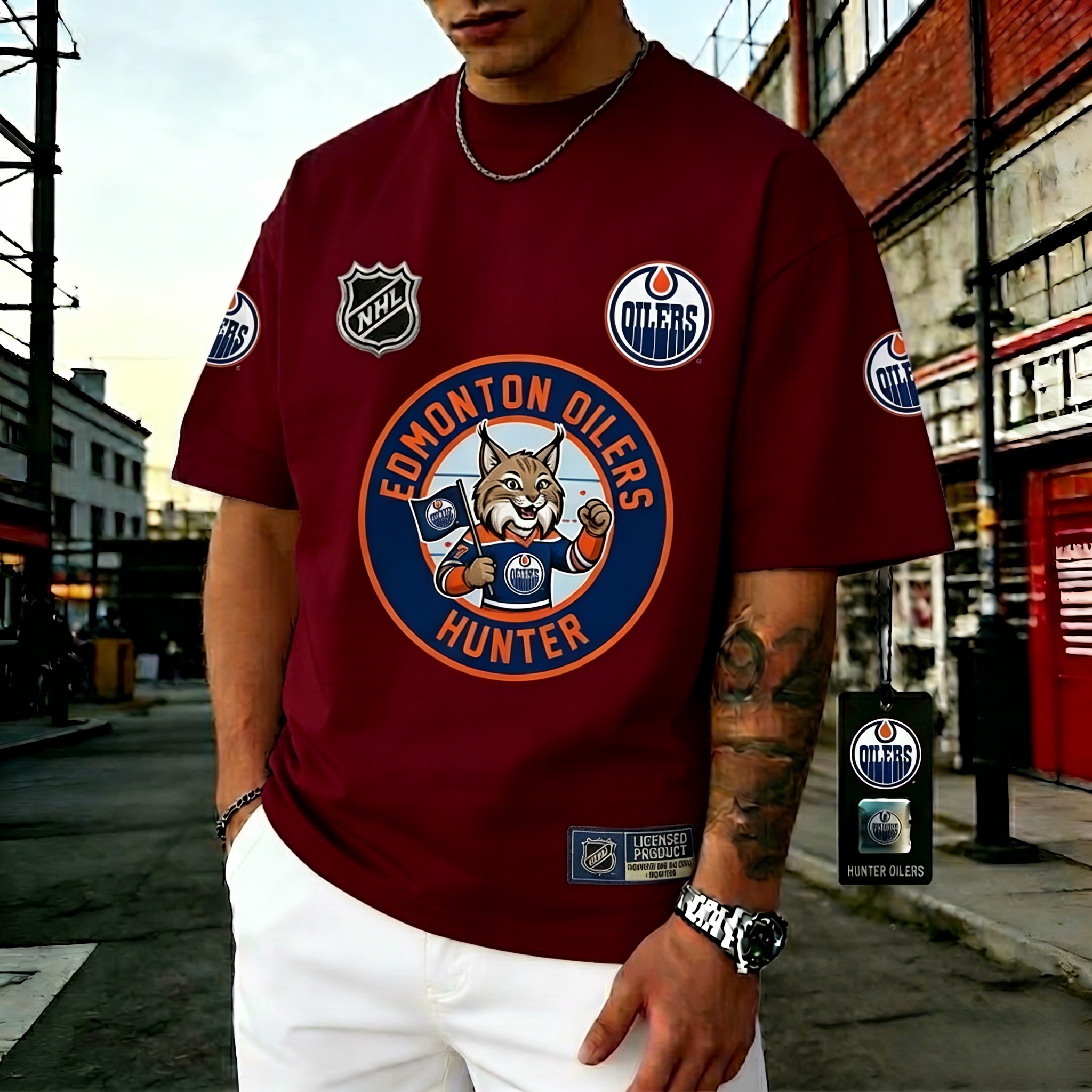T-shirts featuring the NHL team "Edmonton Oilers" and their mascot"Hunter"