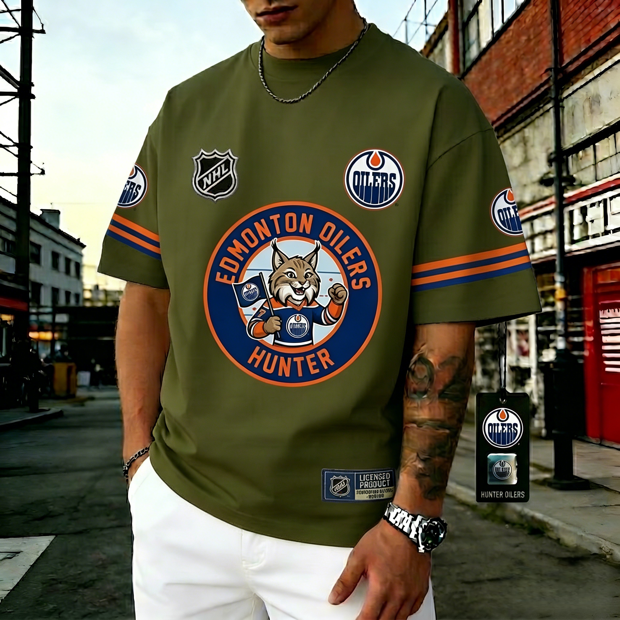 T-shirts featuring the NHL team "Edmonton Oilers" and their mascot"Hunter"
