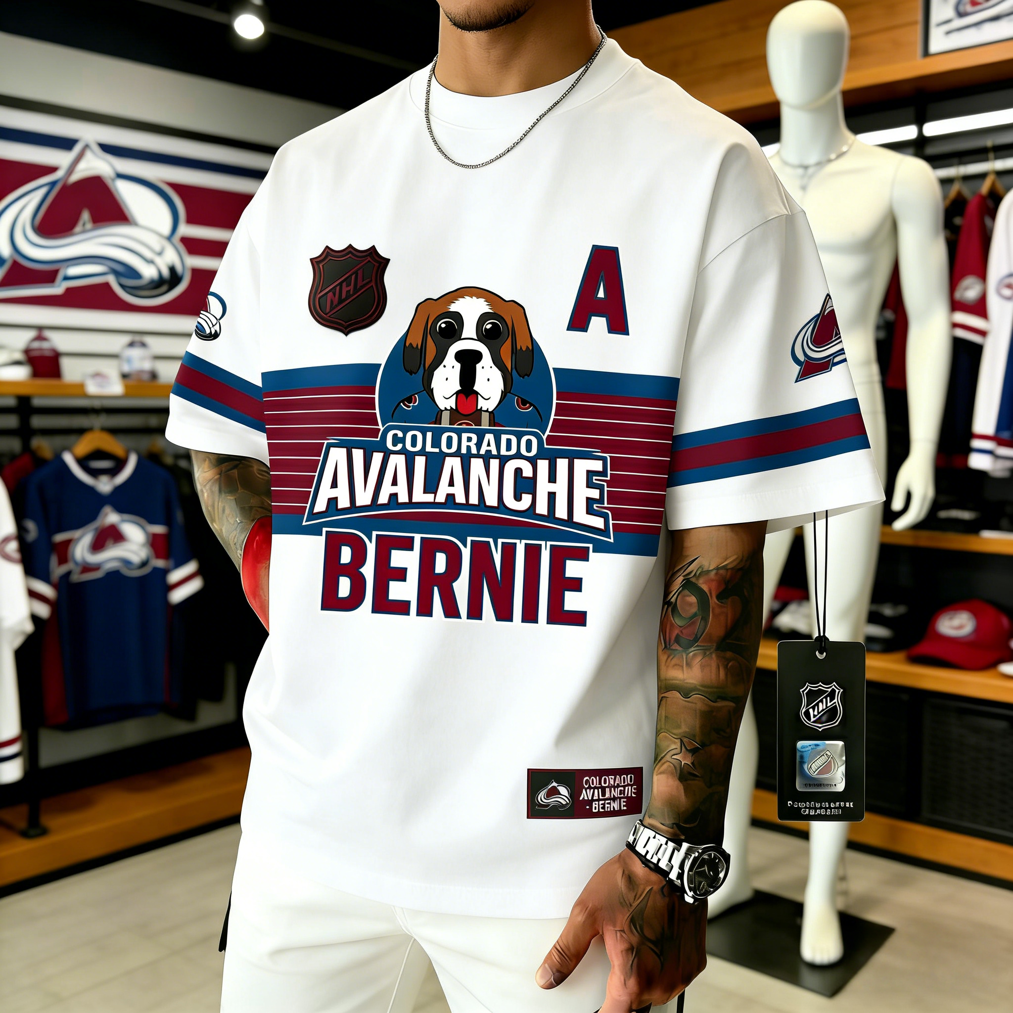 T-shirts featuring the NHL team "Colorado Avalanche" and its mascot "Bernie"