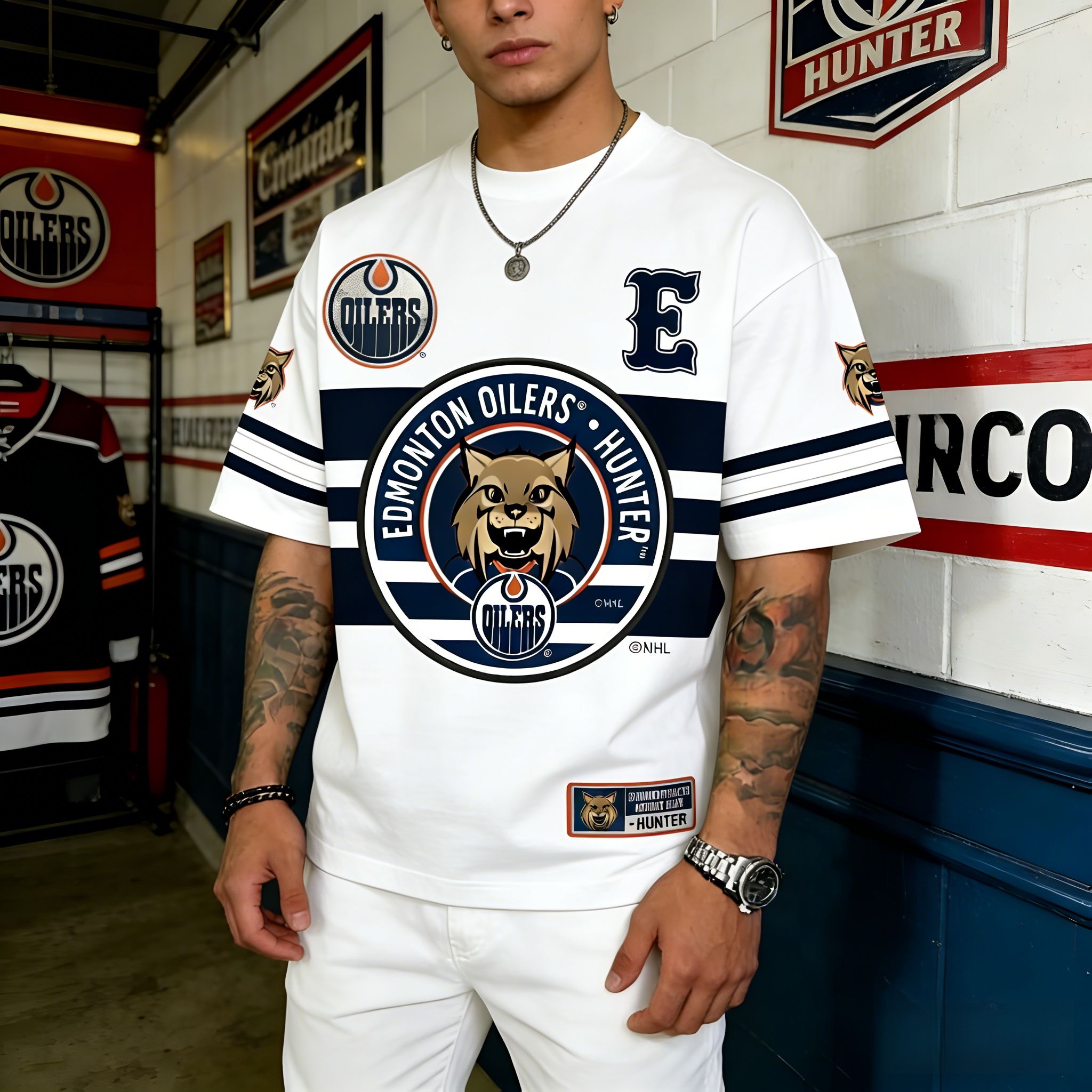 T-shirts featuring the NHL team "Edmonton Oilers" and their mascot "Hunter"