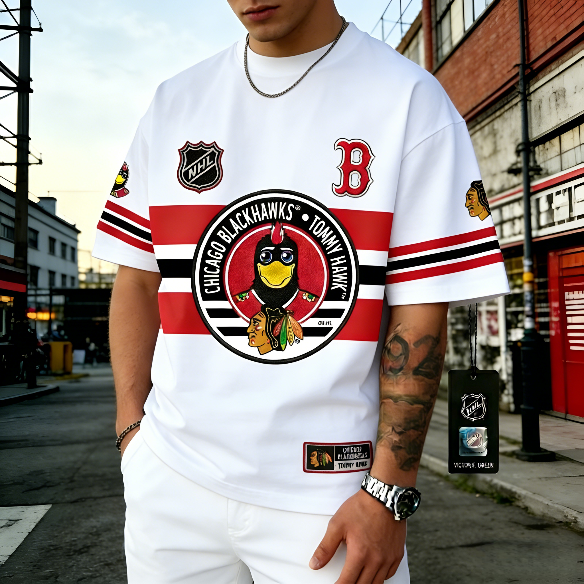 T-shirts featuring the NHL team "Chicago Blackhawks" and their mascot "Tommy Hawk"