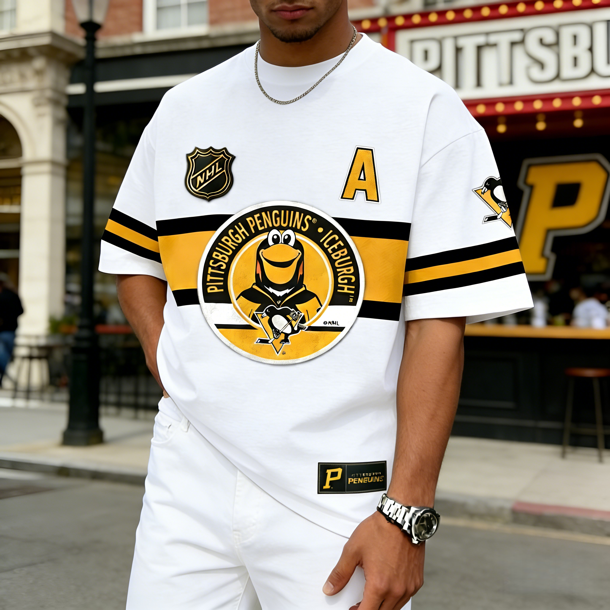 T-shirts featuring the NHL team "Pittsburgh Penguins" and their mascot "Iceburgh"