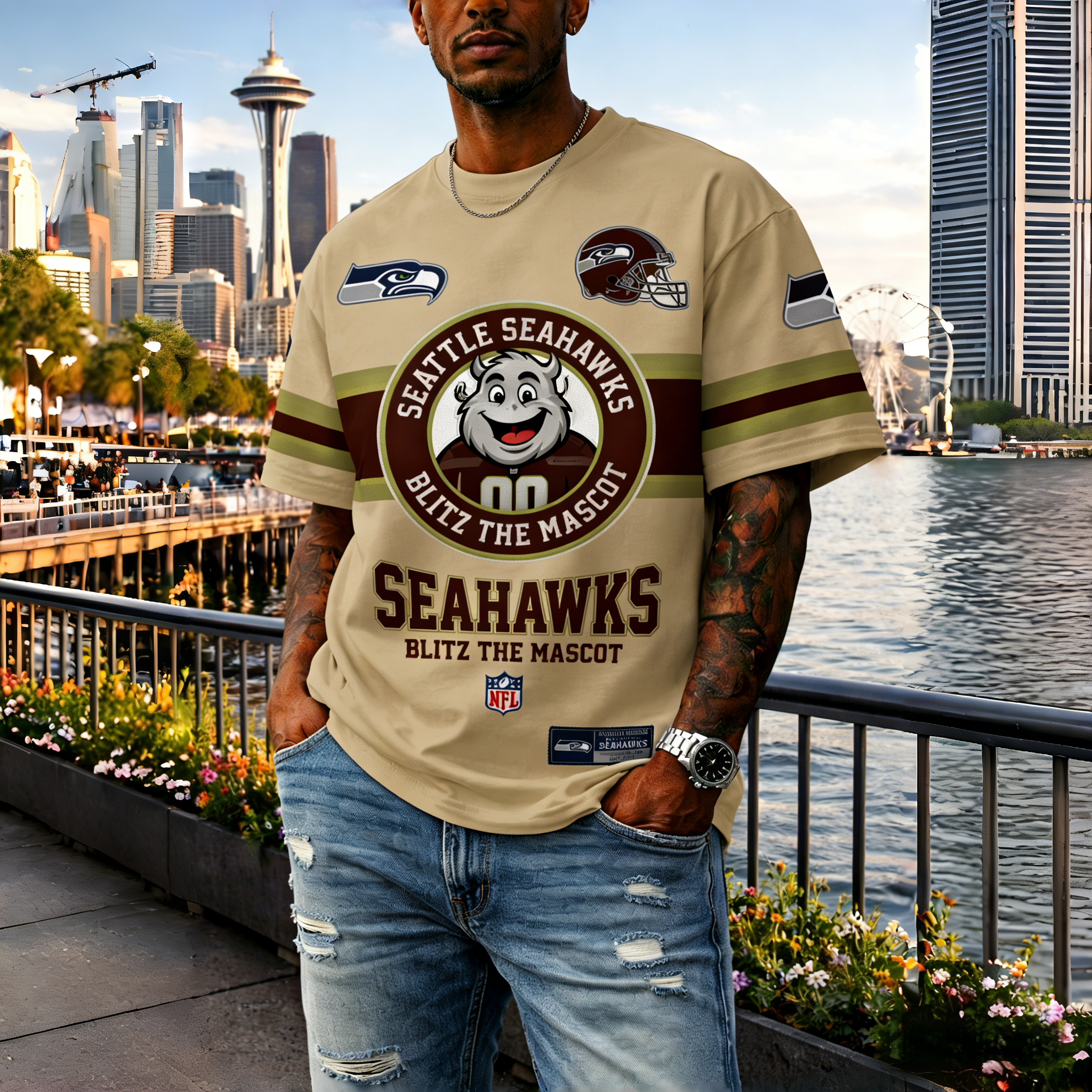 T-shirts featuring the NFL team "Seattle Seahawks" and their mascot "Blitz"