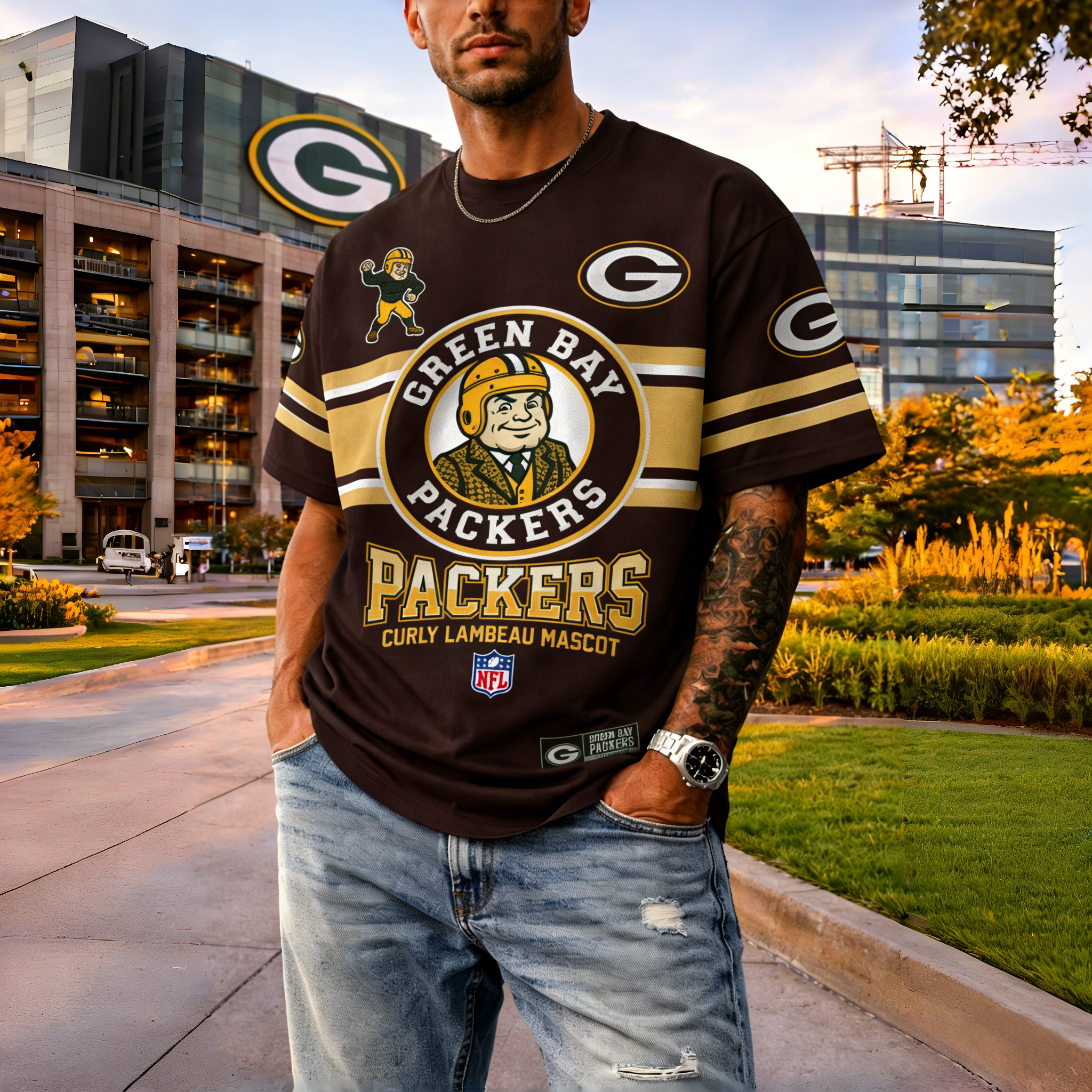 T-shirts featuring the NFL team "Green Bay Packers" and their mascot "Curly Lambeau Mascot"