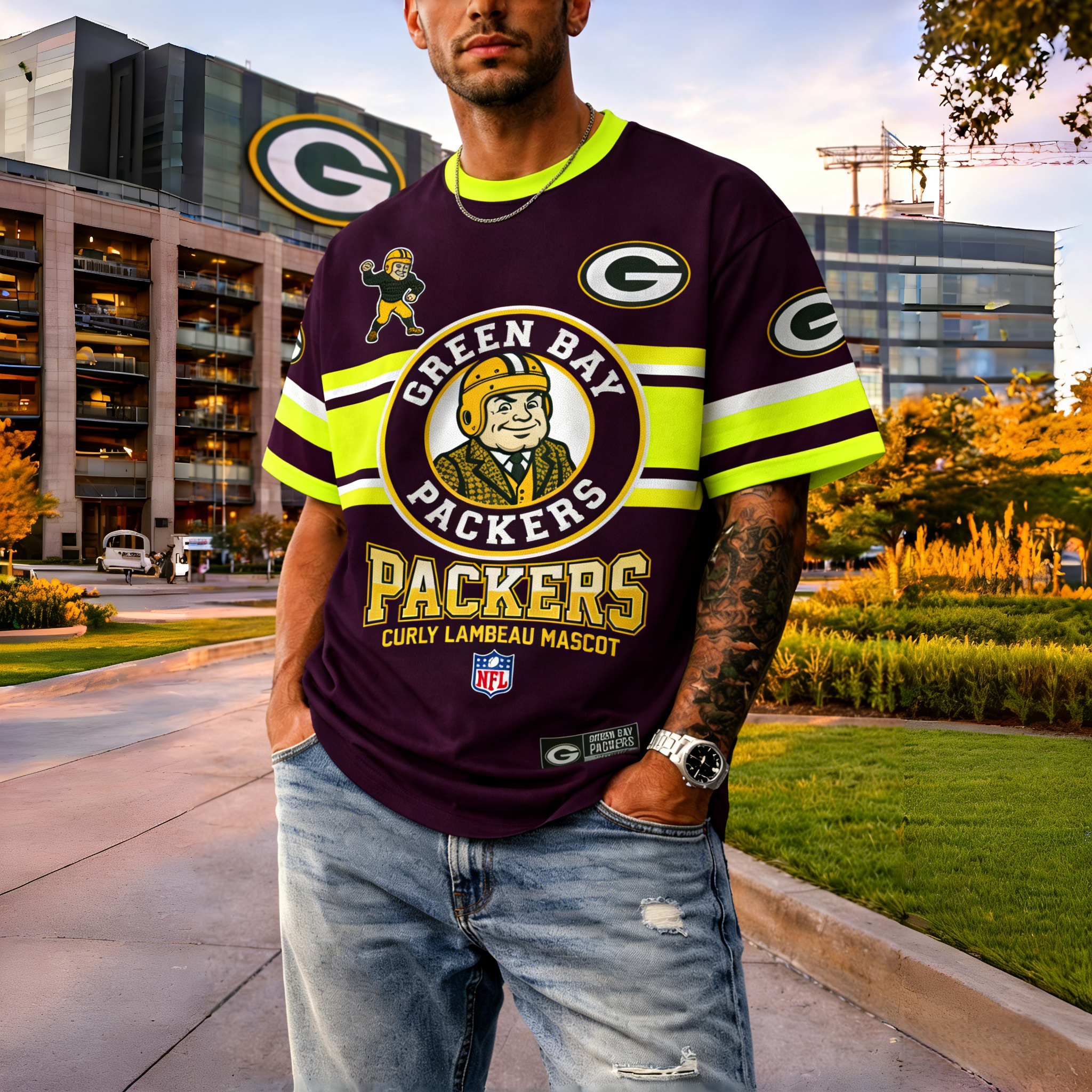 T-shirts featuring the NFL team "Green Bay Packers" and their mascot "Curly Lambeau Mascot"