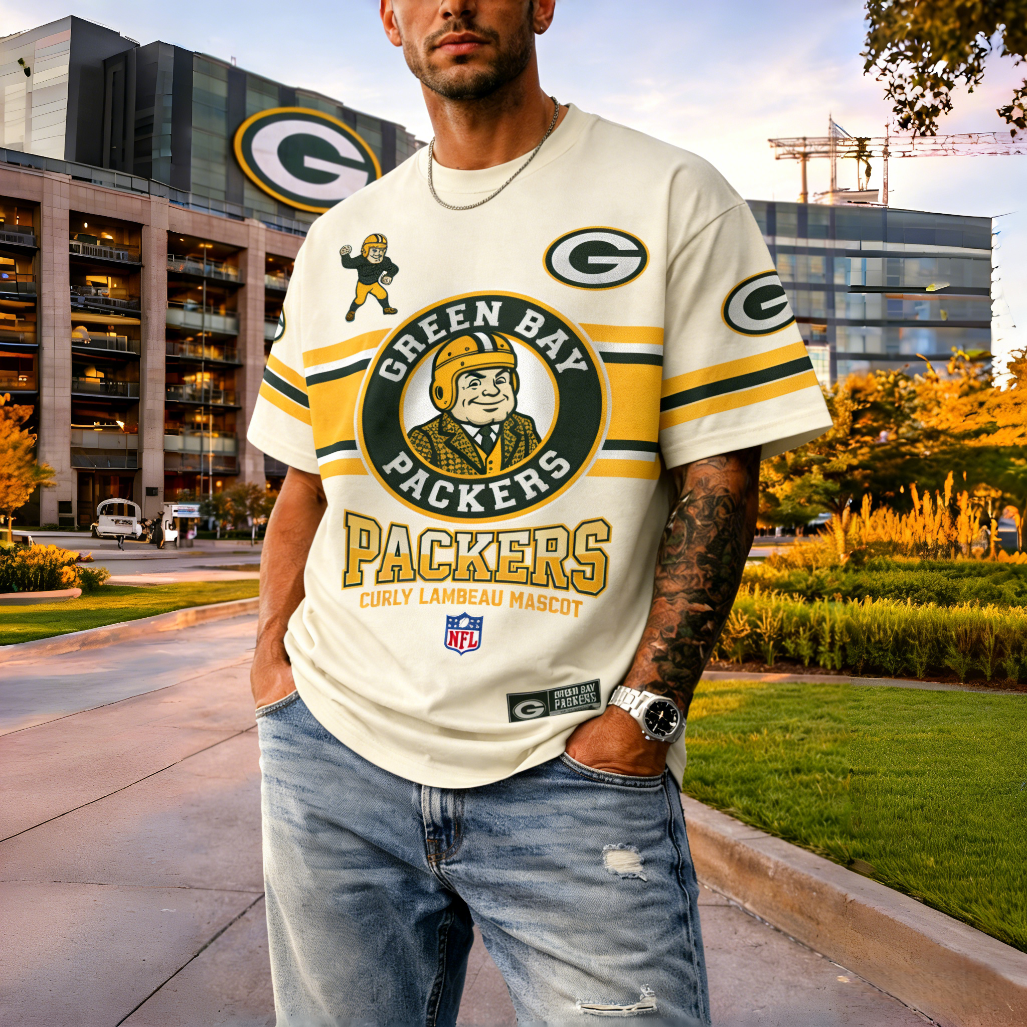 T-shirts featuring the NFL team "Green Bay Packers" and their mascot "Curly Lambeau Mascot"