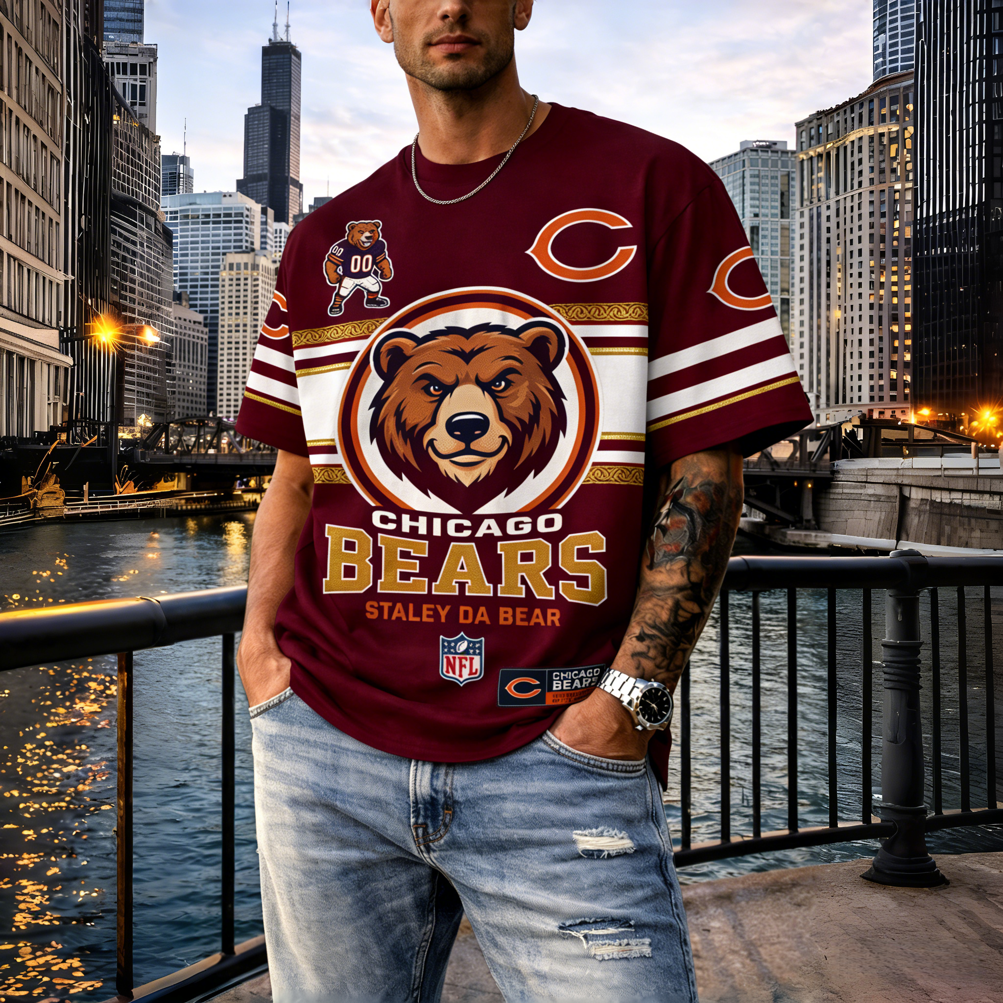 T-shirts featuring the NFL team "Chicago Bears" and their mascot "Staley Da Bear"