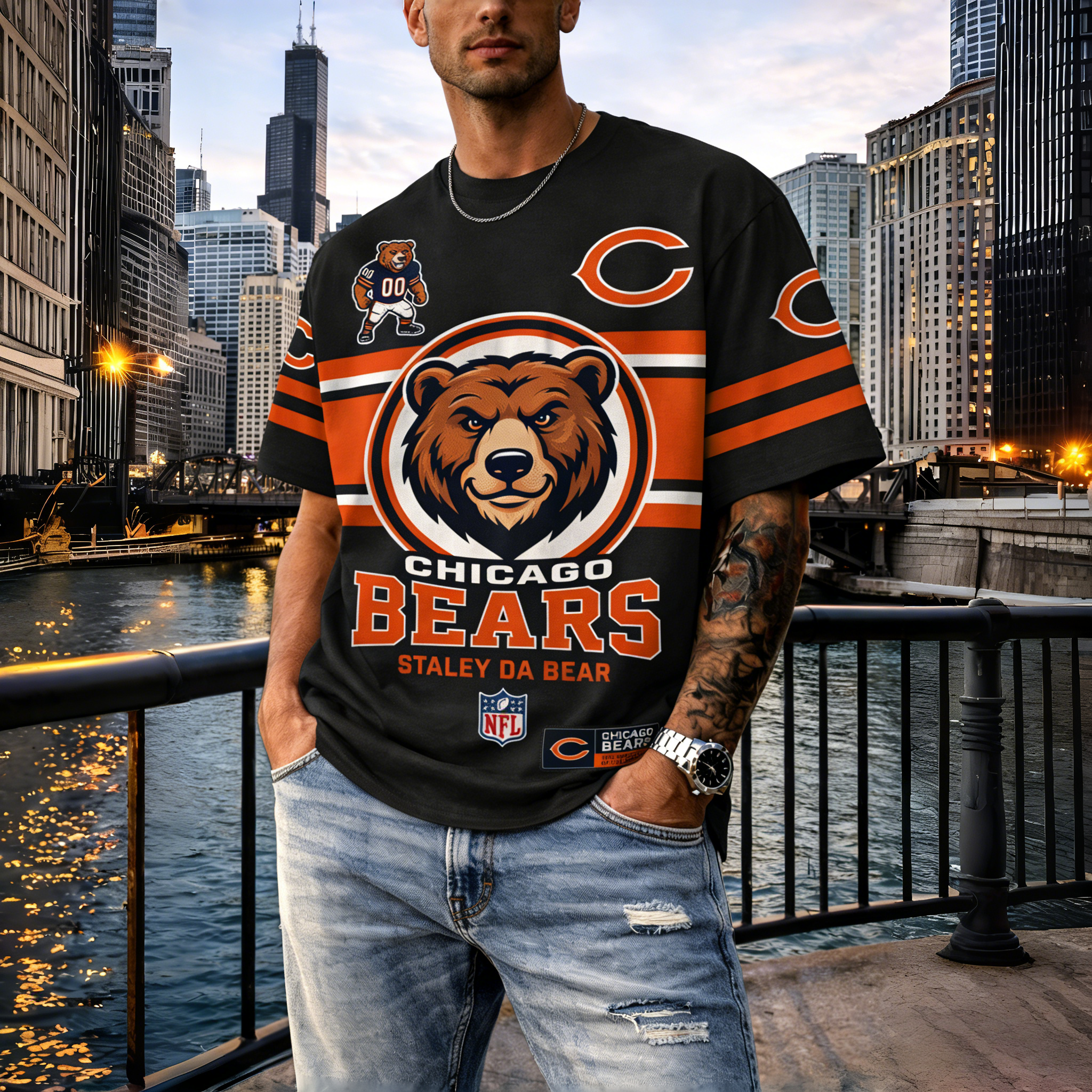 T-shirts featuring the NFL team "Chicago Bears" and their mascot "Staley Da Bear"