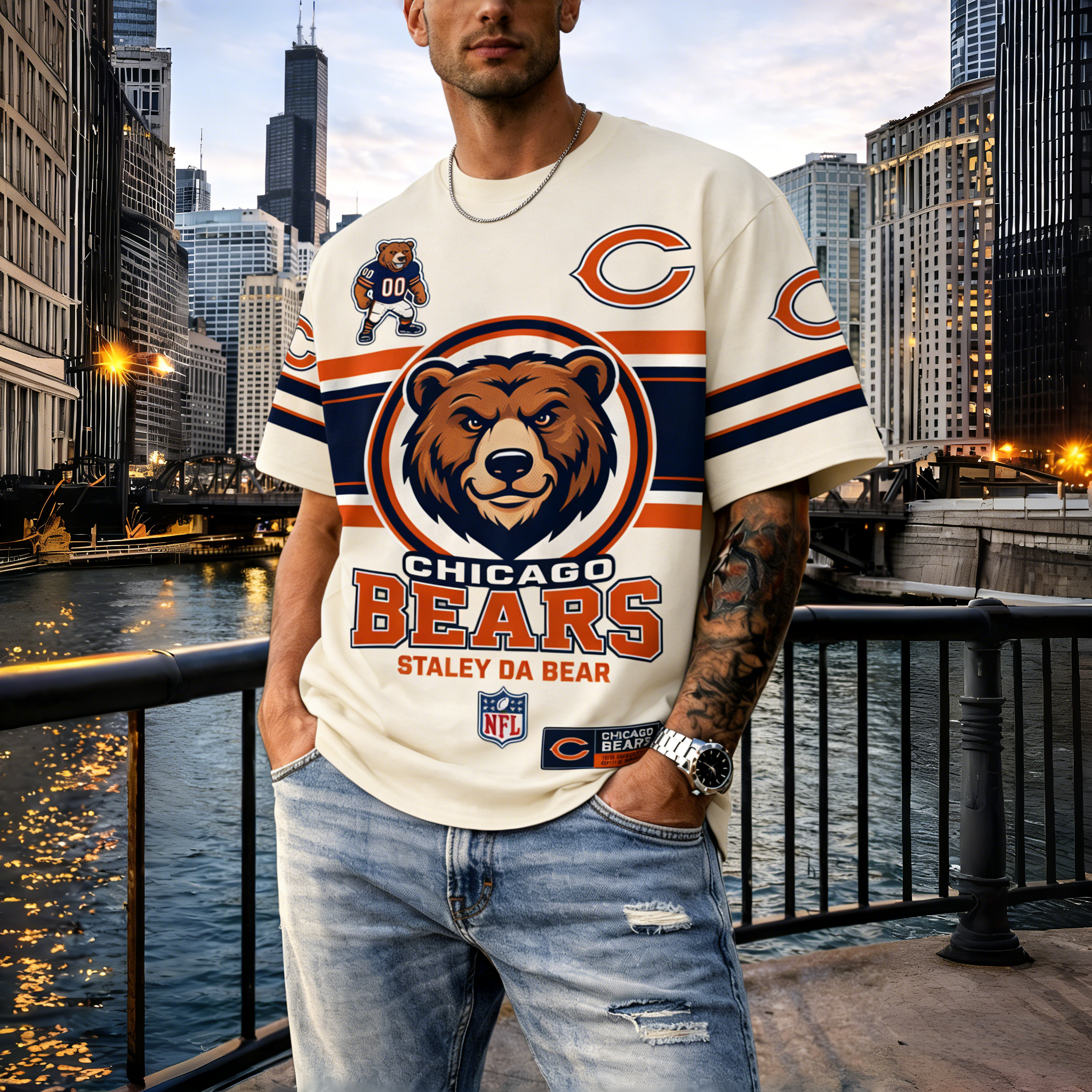 T-shirts featuring the NFL team "Chicago Bears" and their mascot "Staley Da Bear"