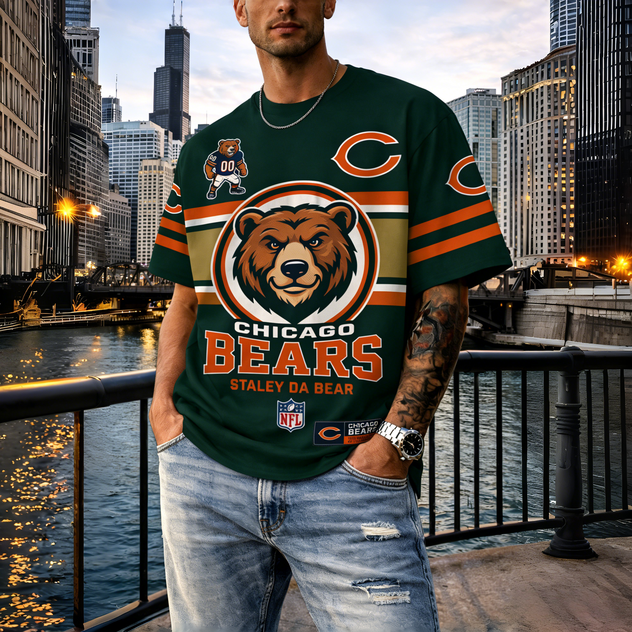 T-shirts featuring the NFL team "Chicago Bears" and their mascot "Staley Da Bear"