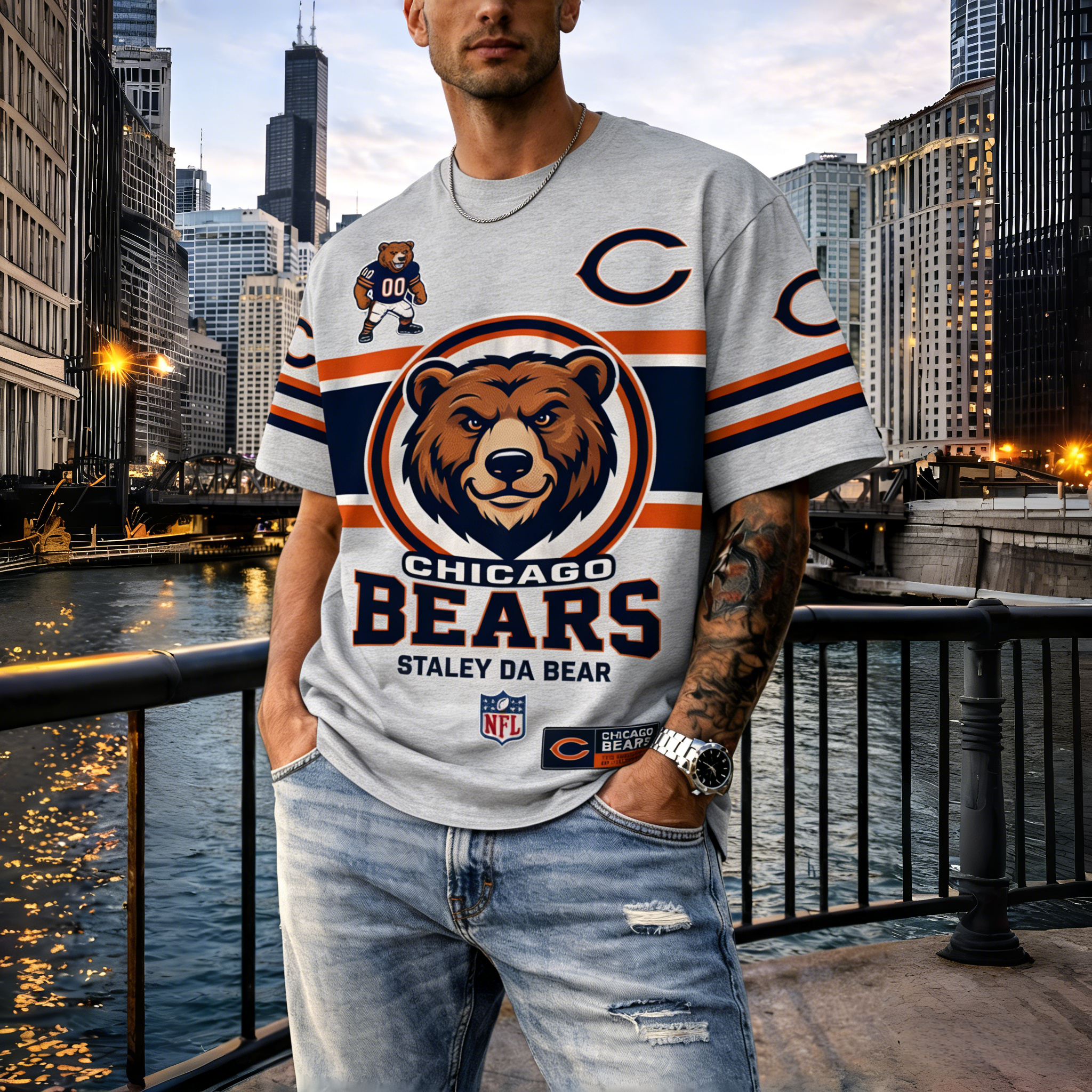 T-shirts featuring the NFL team "Chicago Bears" and their mascot "Staley Da Bear"