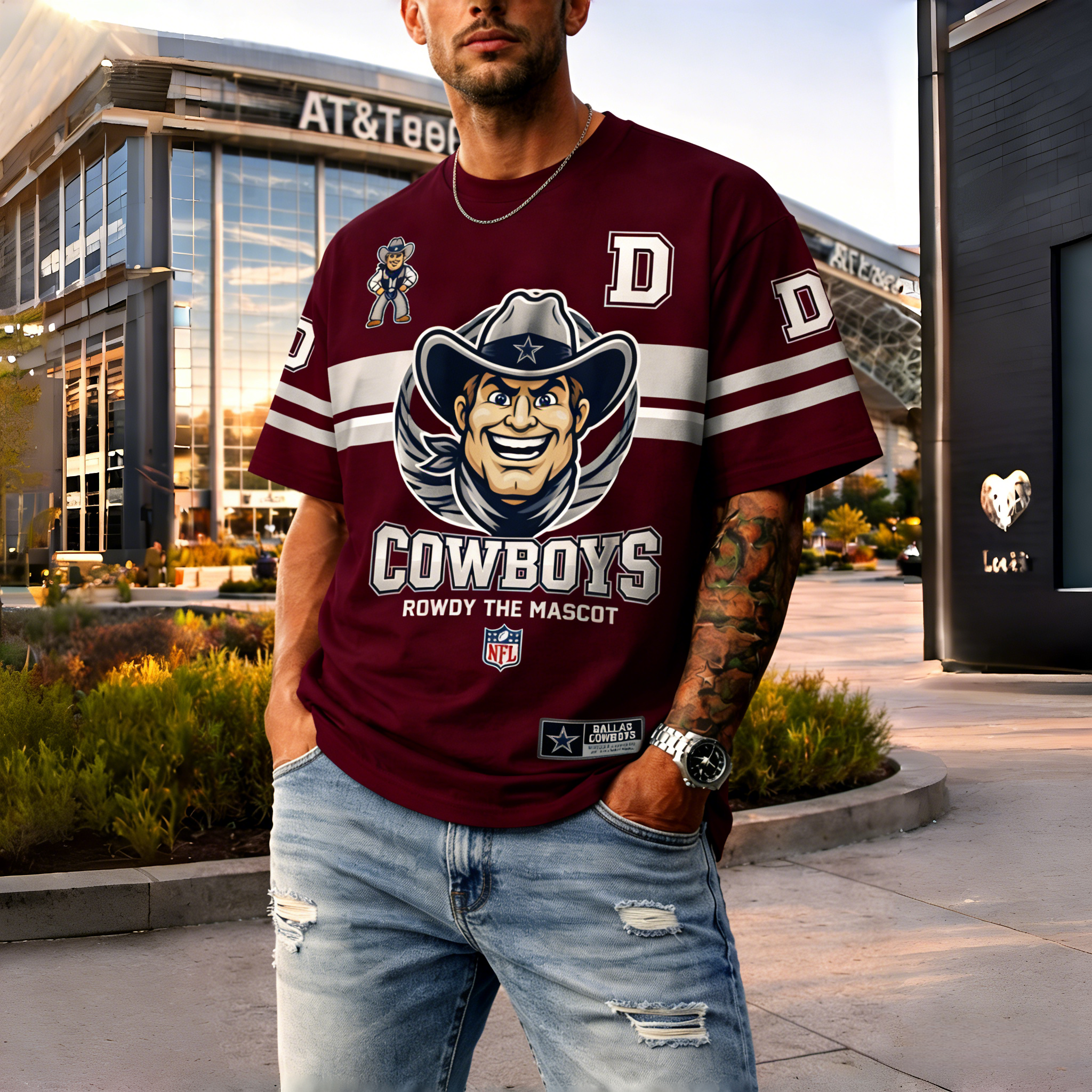 T-shirts featuring the NFL team "Dallas Cowboys" and their mascot "Rowdy"