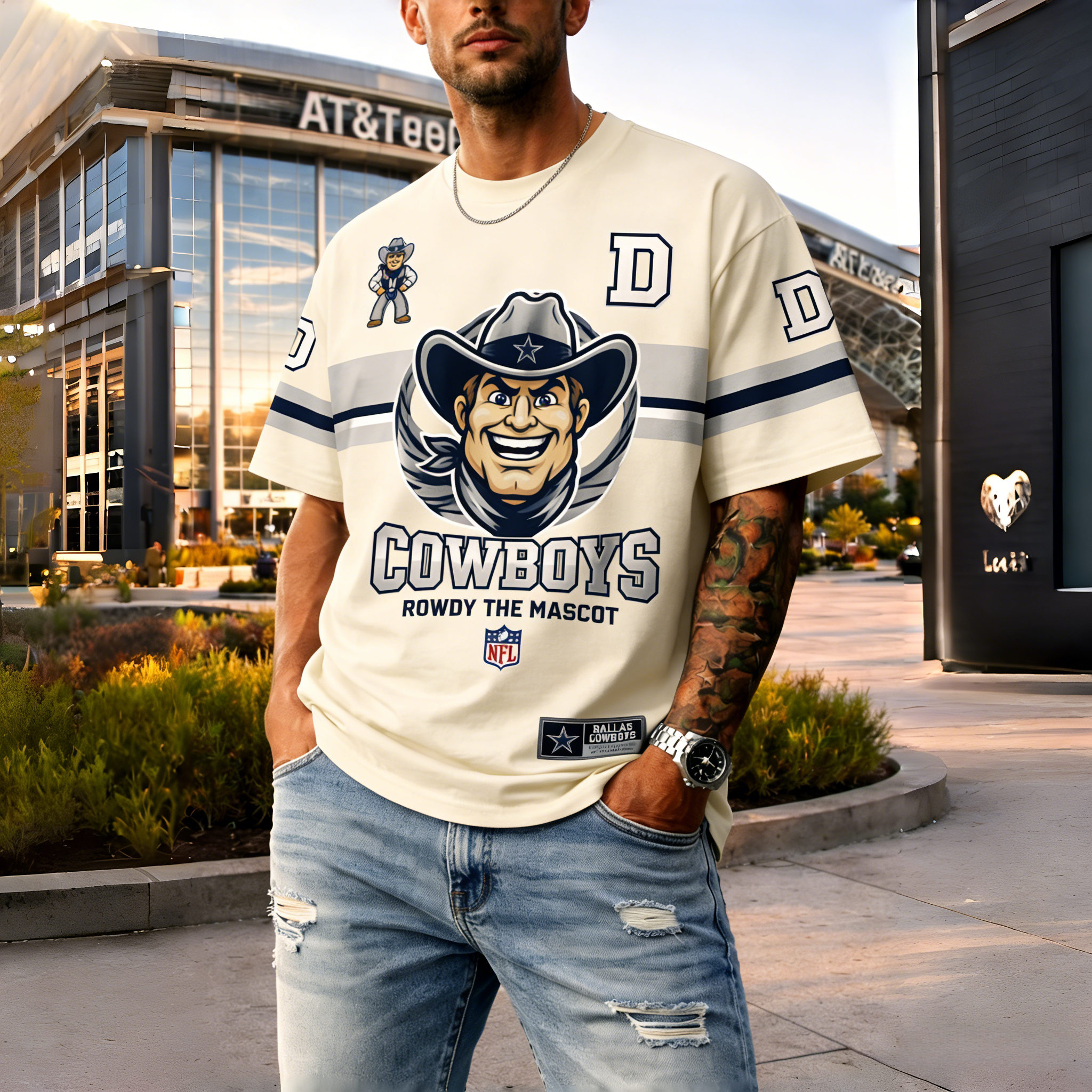 T-shirts featuring the NFL team "Dallas Cowboys" and their mascot "Rowdy"