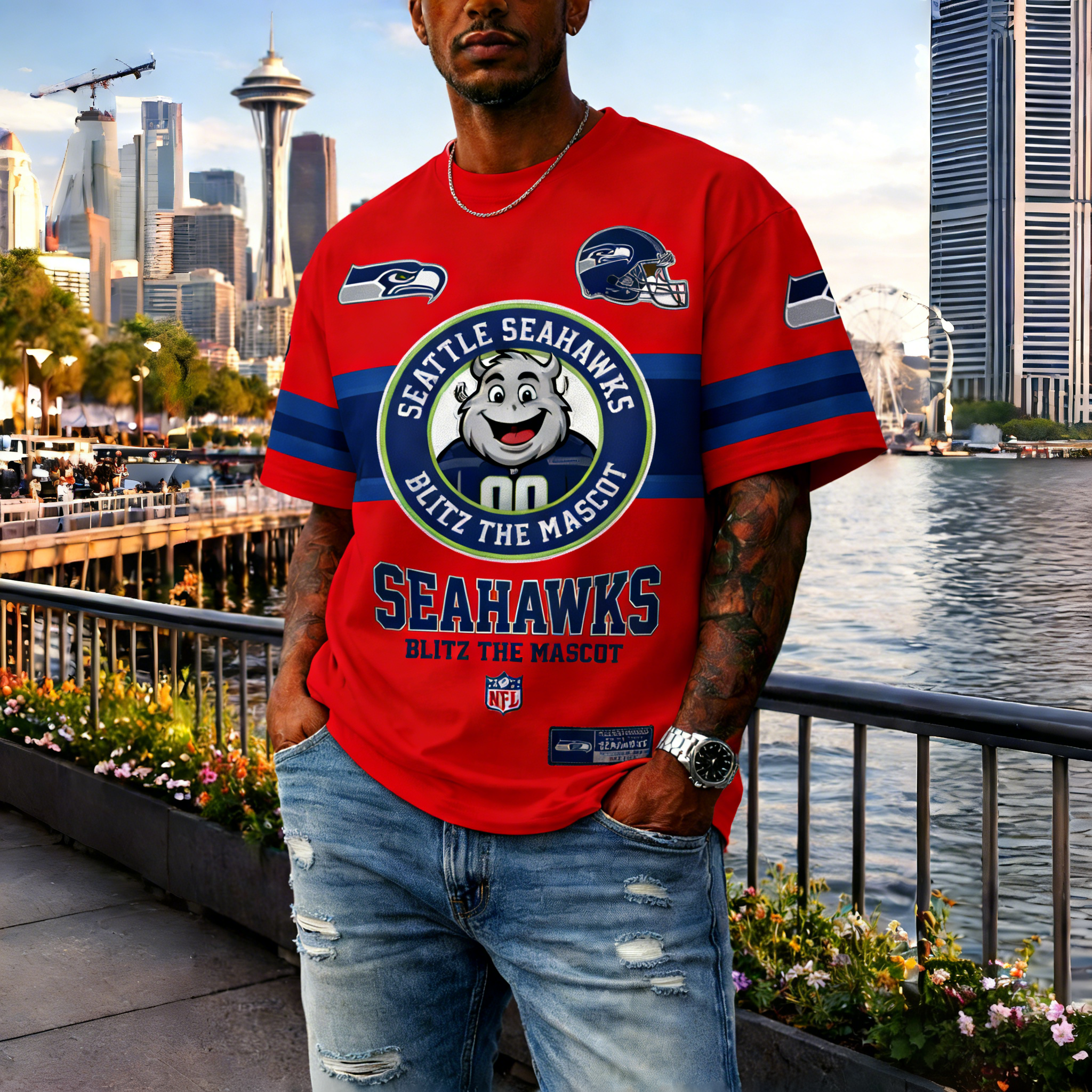 T-shirts featuring the NFL team "Seattle Seahawks" and their mascot "Blitz"