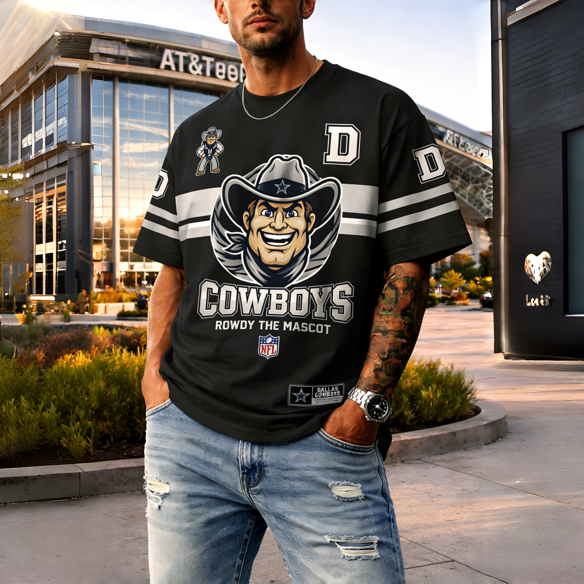 T-shirts featuring the NFL team "Dallas Cowboys" and their mascot "Rowdy"
