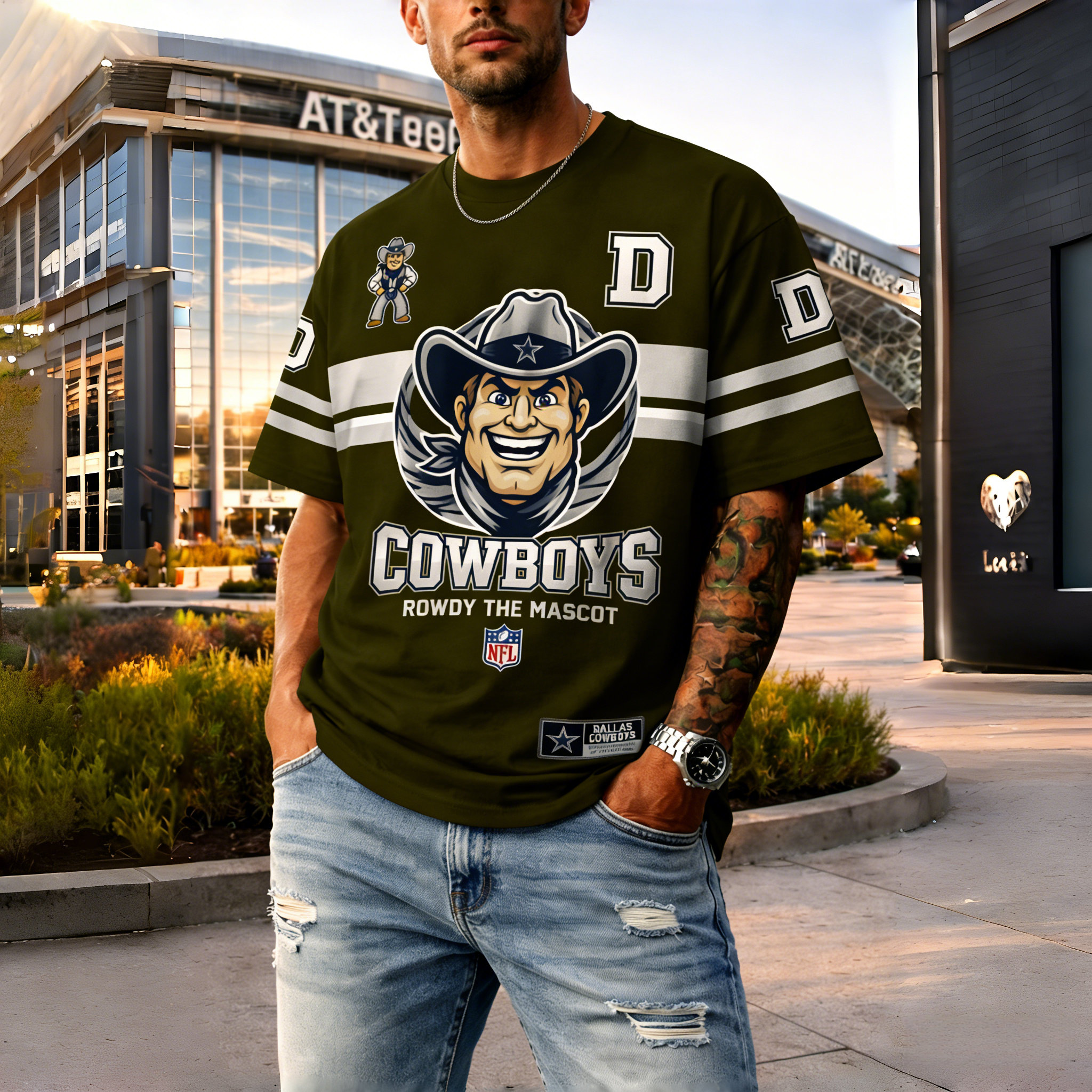 T-shirts featuring the NFL team "Dallas Cowboys" and their mascot "Rowdy"