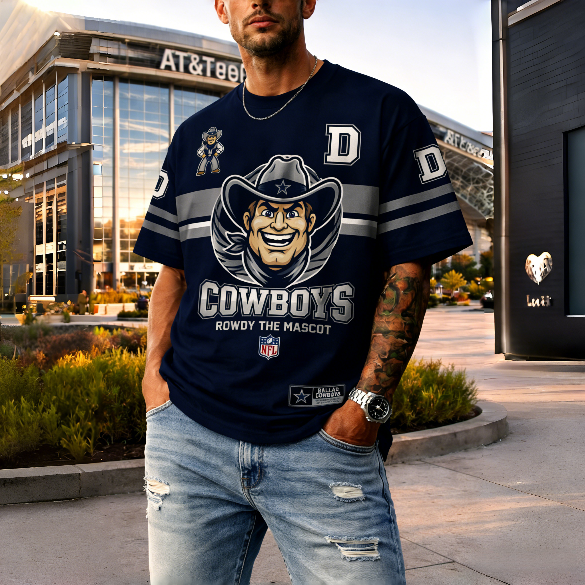 T-shirts featuring the NFL team "Dallas Cowboys" and their mascot "Rowdy"