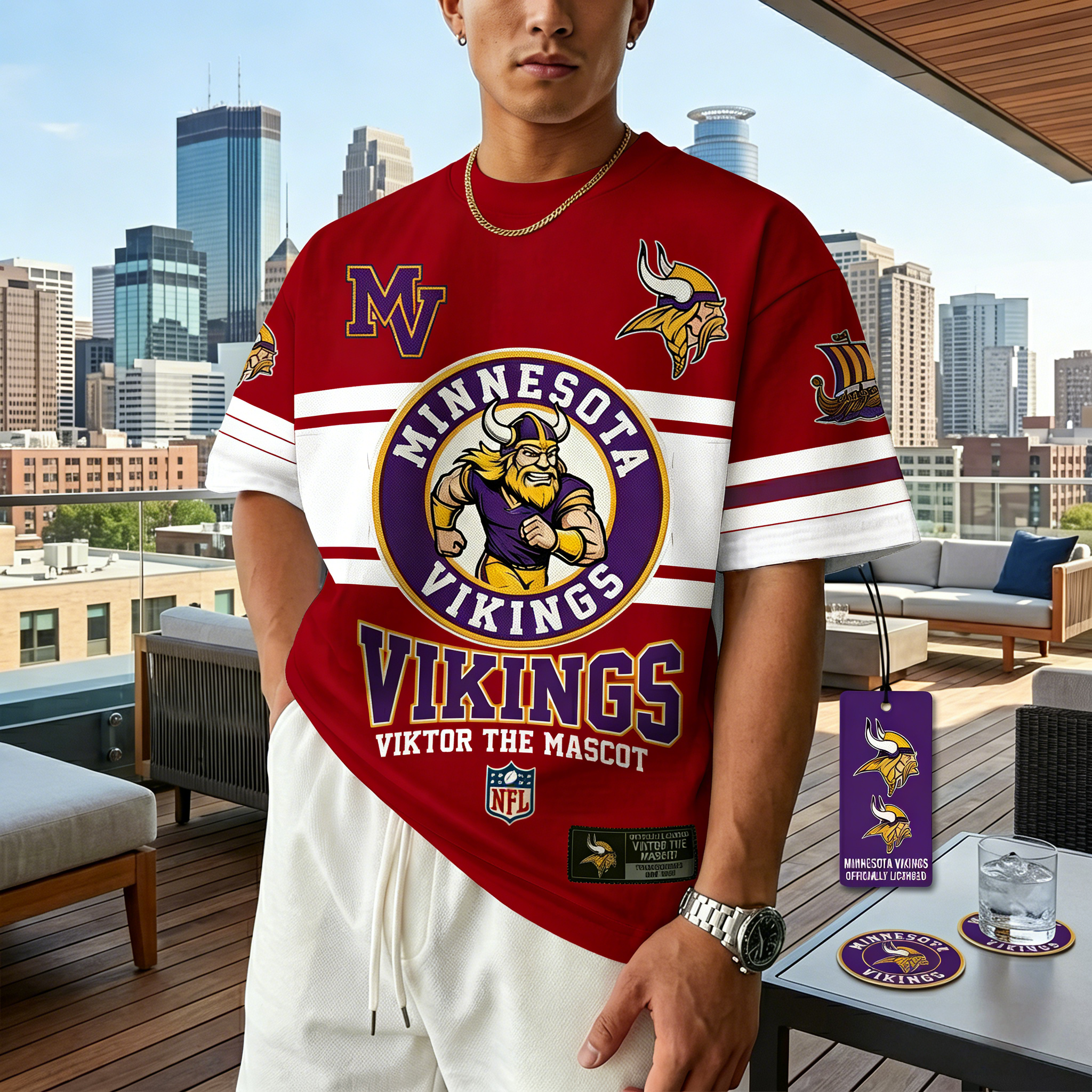 T-shirts featuring the NFL team “Minnesota Vikings” and their mascot “Viktor”