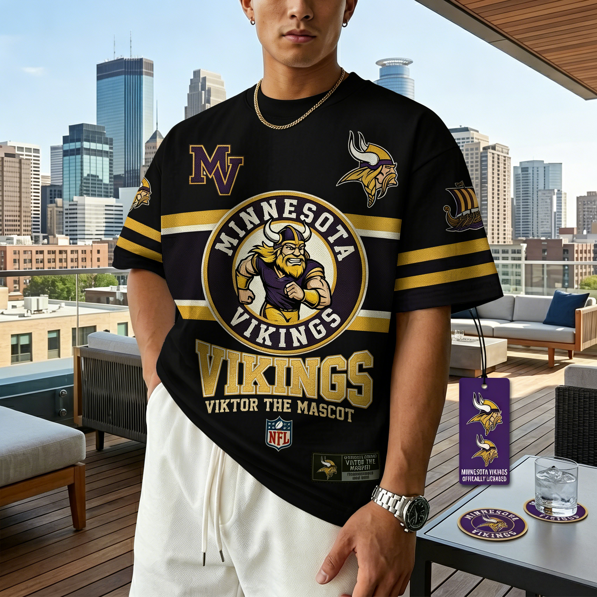 T-shirts featuring the NFL team “Minnesota Vikings” and their mascot “Viktor”