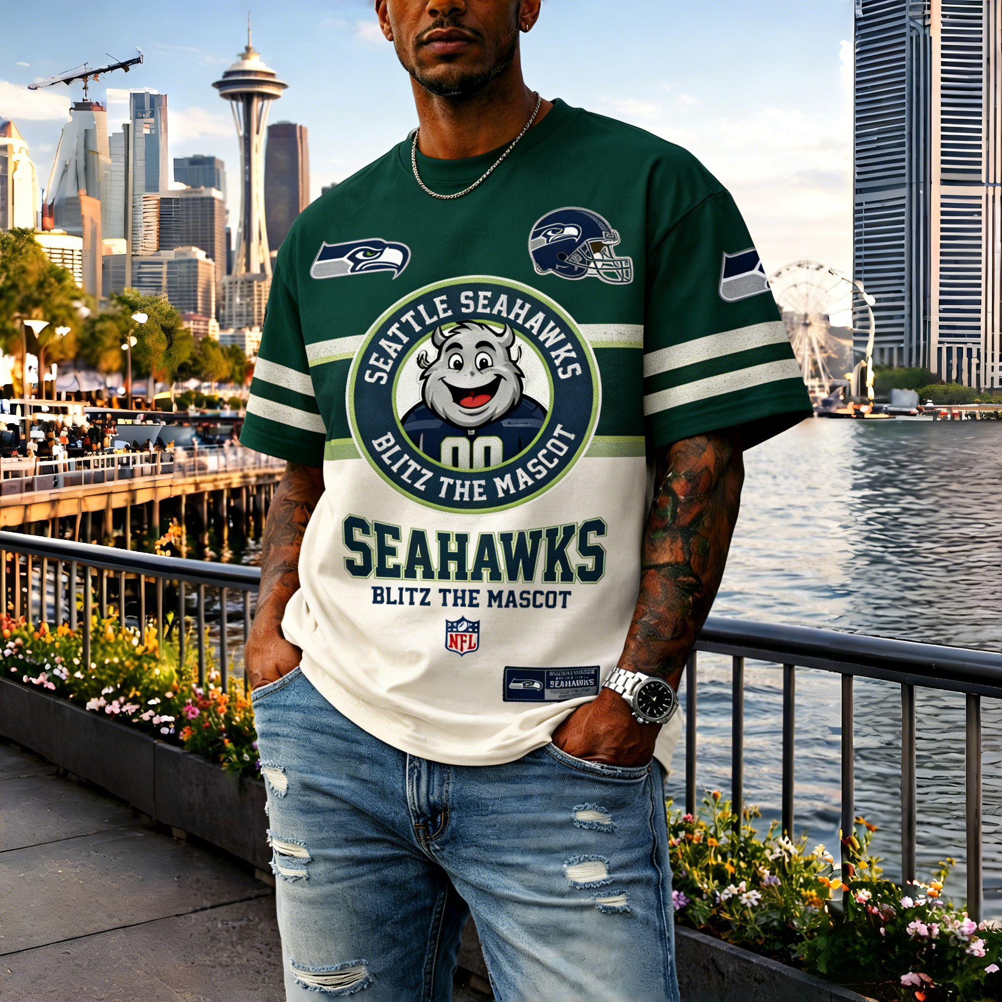 T-shirts featuring the NFL team "Seattle Seahawks" and their mascot "Blitz"