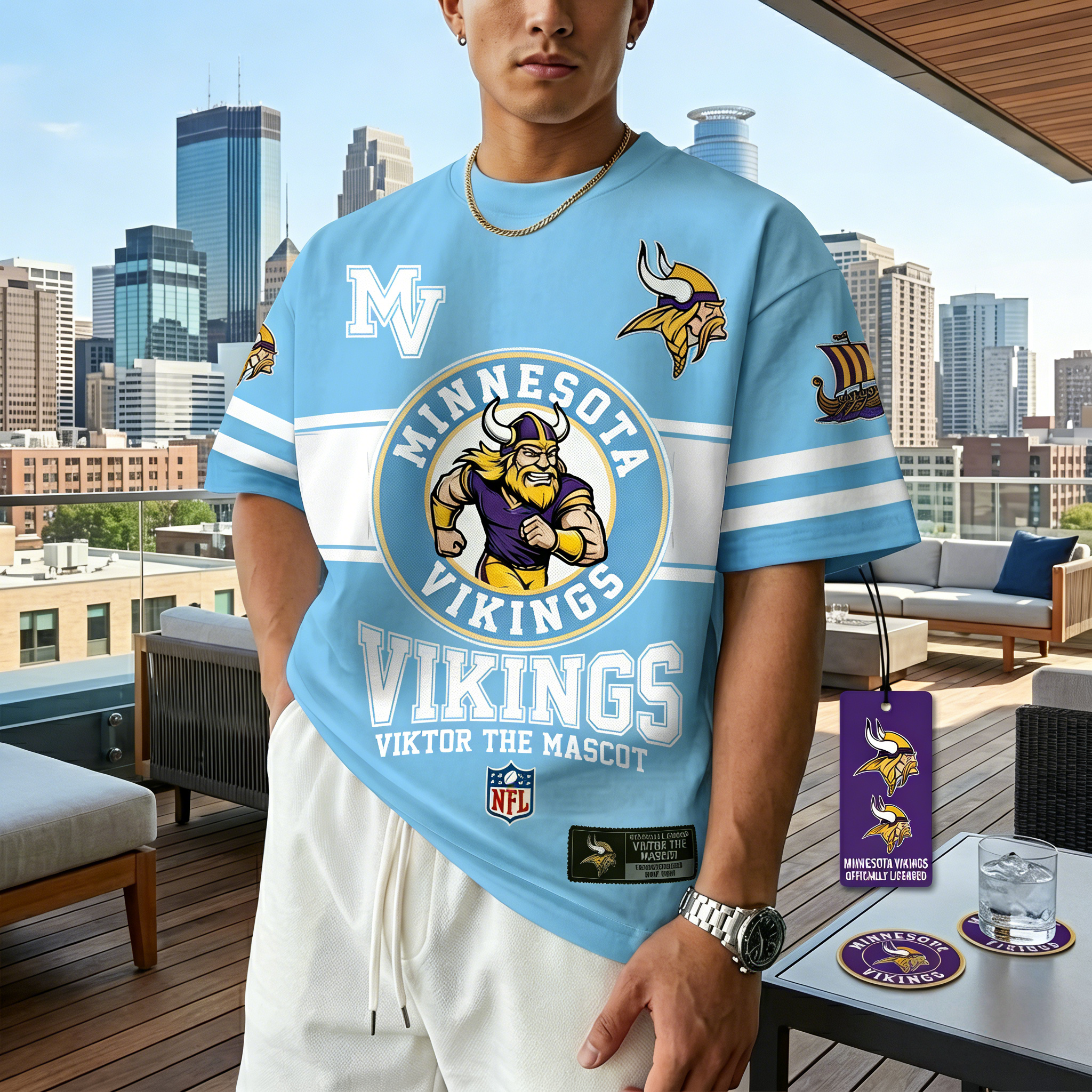 T-shirts featuring the NFL team “Minnesota Vikings” and their mascot “Viktor”