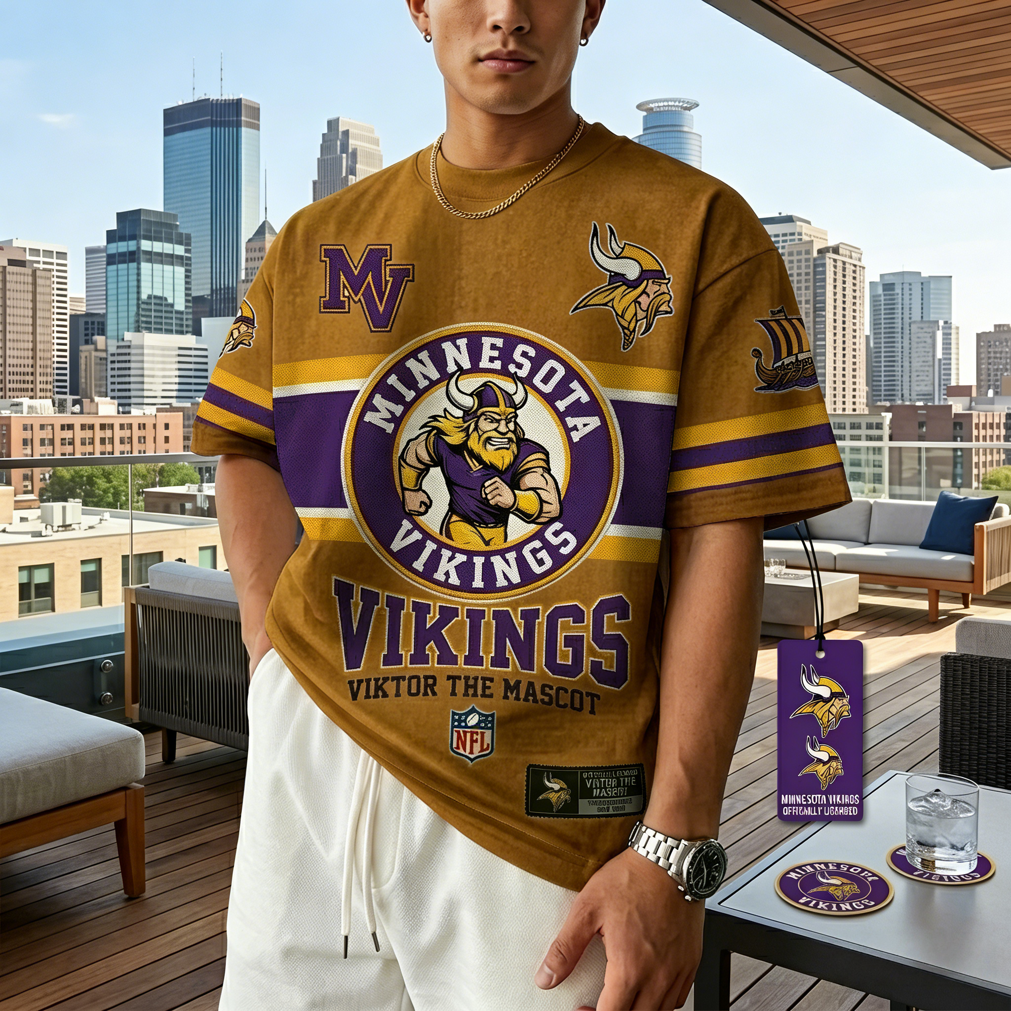 T-shirts featuring the NFL team “Minnesota Vikings” and their mascot “Viktor”