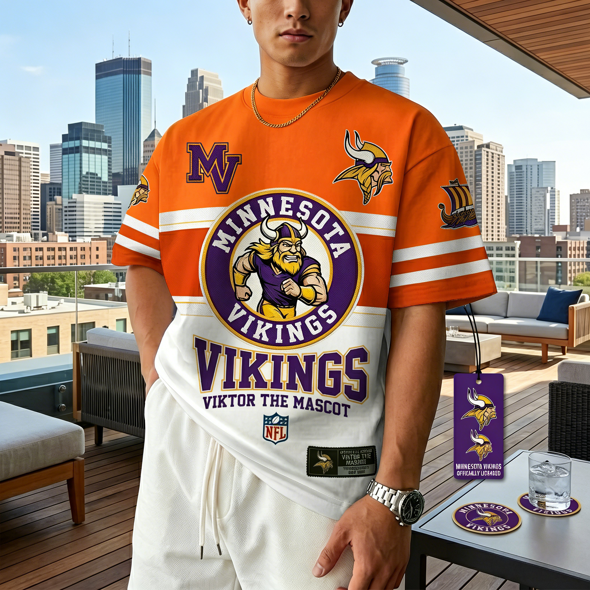 T-shirts featuring the NFL team “Minnesota Vikings” and their mascot “Viktor”